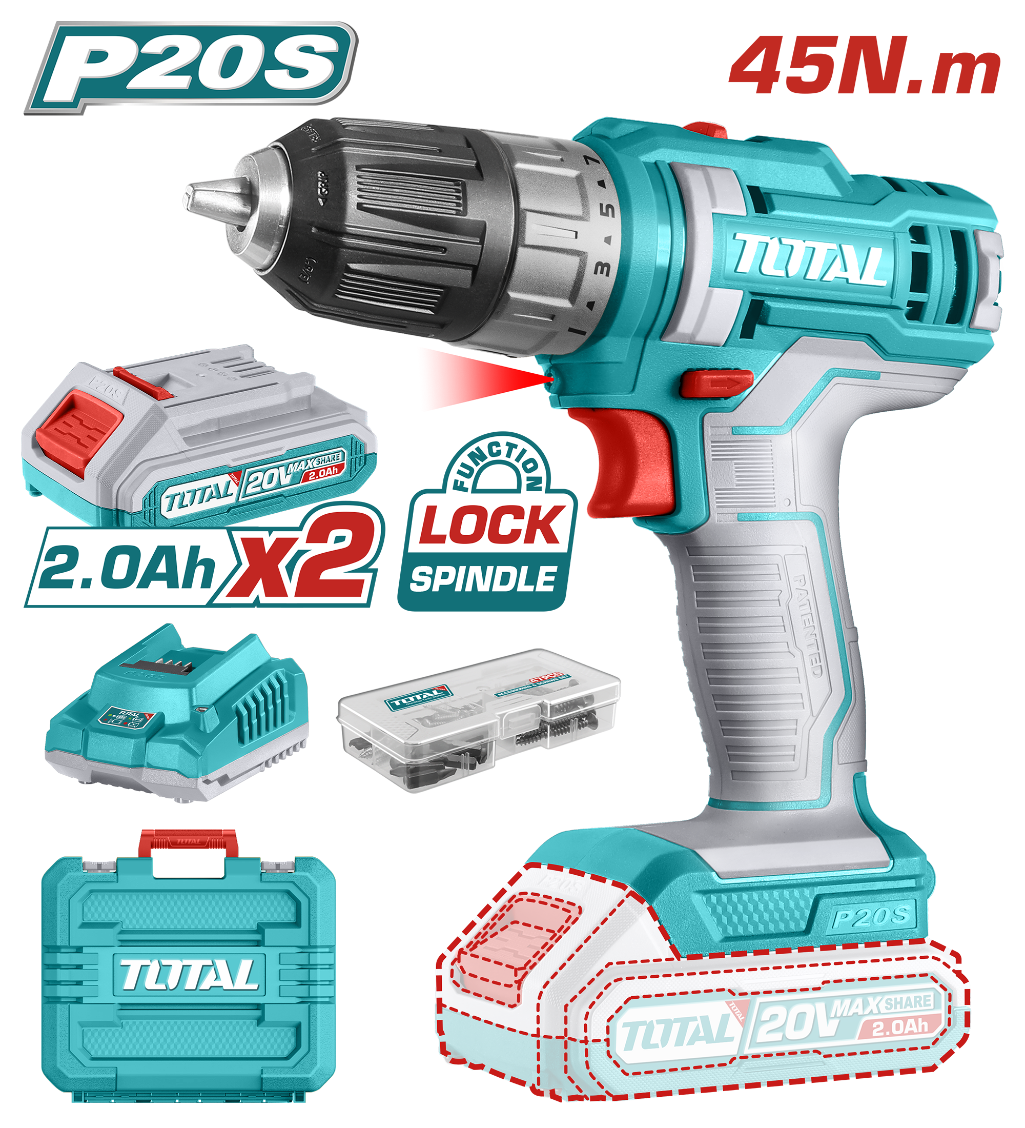 BATTERY DRILL 20 VOLT 45 NM WITH 2 BATTERIES 2 AMP