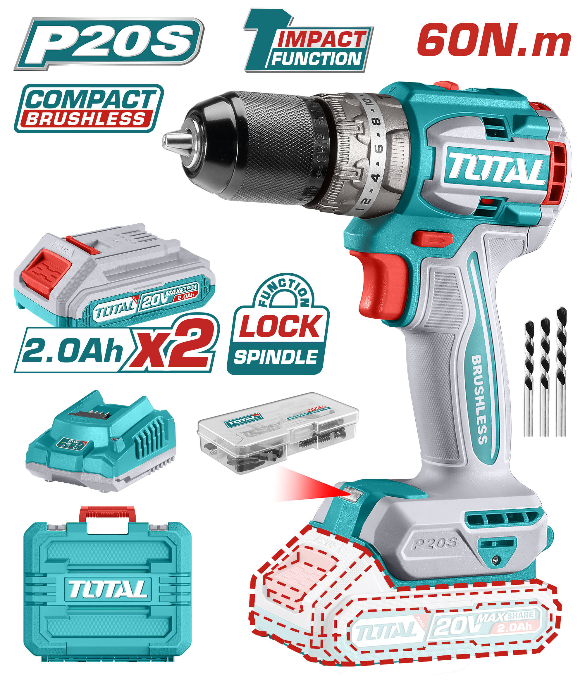 LITHIUM ION BRUSHLESS IMPACT DRILL 60 NM 20 VOLT