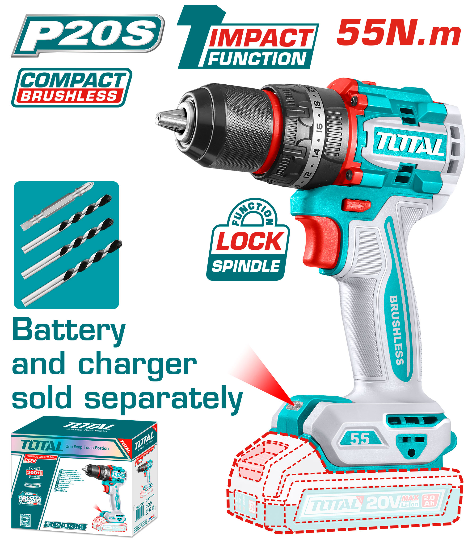 CORDLESS IMPACT DRILL 20 VOLT 55 NM WITHOUT BATTERY