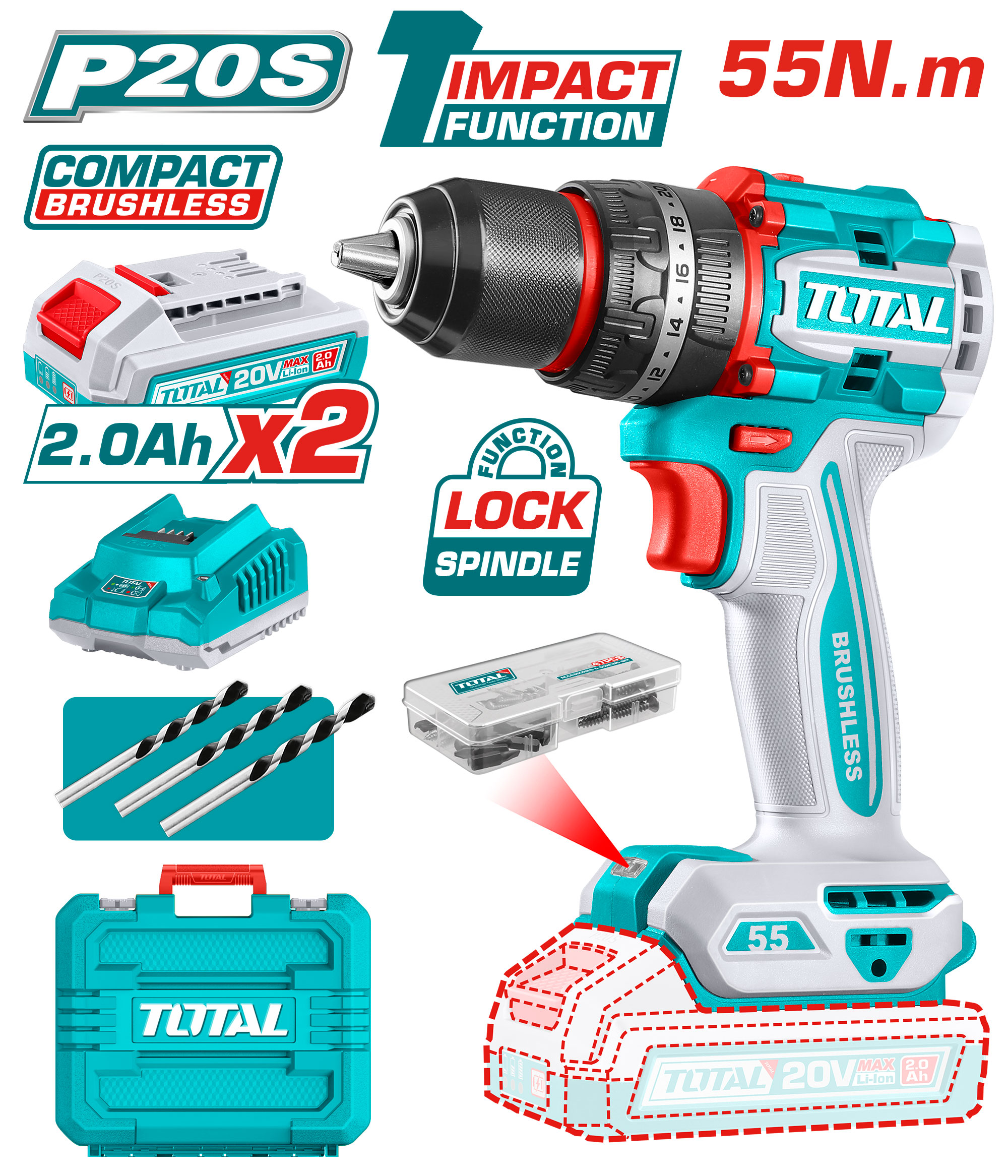 CORDLESS IMPACT DRILL 20 VOLT 55 NM WITH 2 BATTERIES AND CHARGER