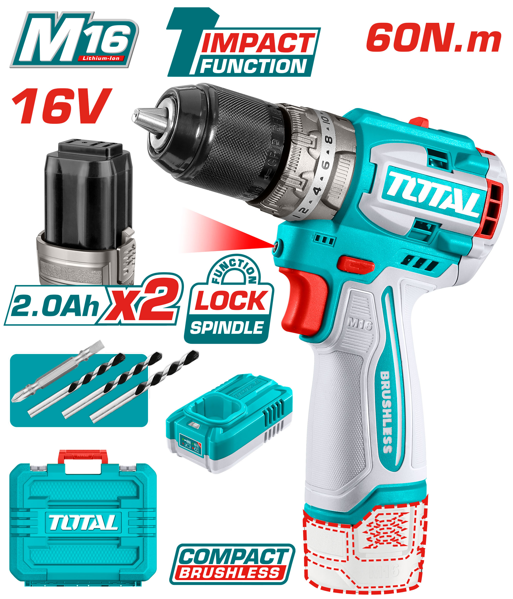 BRUSHLESS CORDLESS IMPACT DRILL 16 VOLT 60 NM WITH 2 BATTERIES AND CHARGER