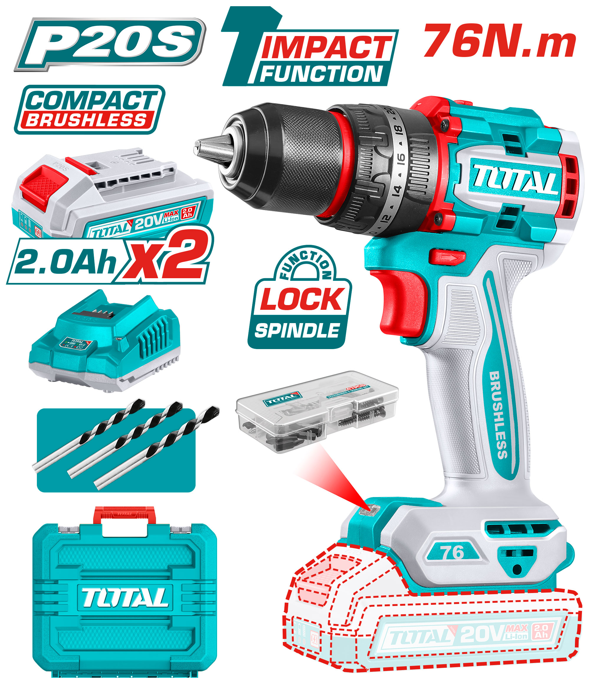 CORDLESS BRUSHLESS IMPACT DRILL 76 NM WITH 2 BATTERIES AND CHARGER