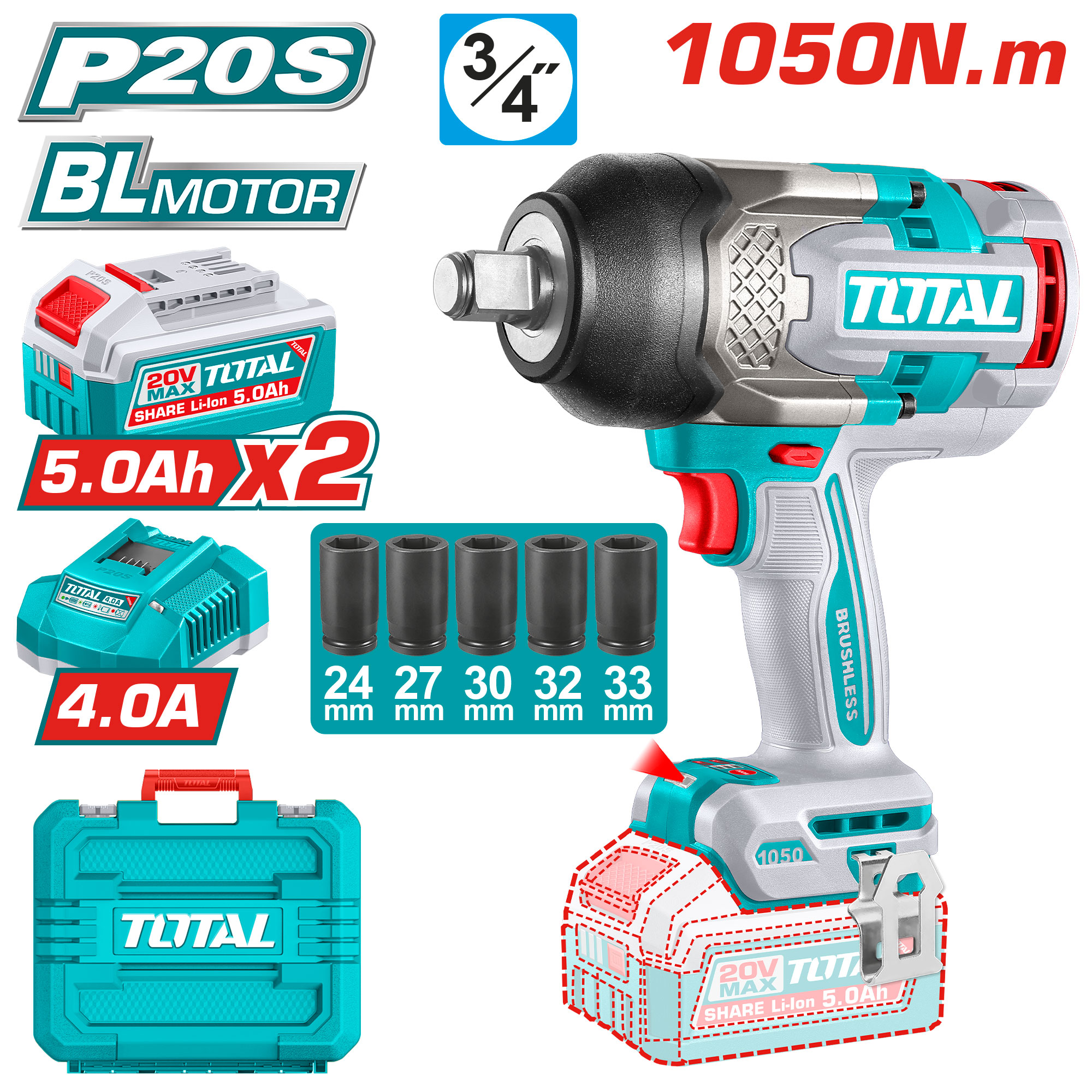 CORDLESS BRUSHLESS IMPACT WRENCH 3/4 INCH 1050 WATT WITH 2 BATTERIES AND CHARGER