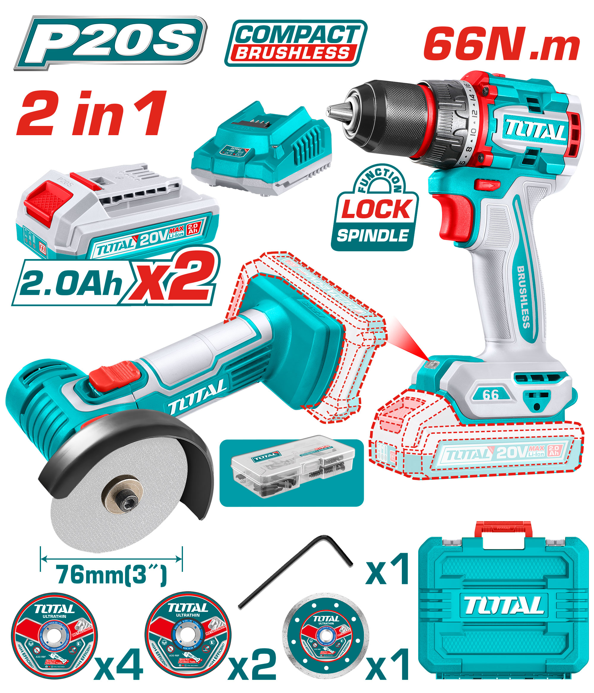 CORDLESS KIT OFF DRILL 66 NM AND MINI GRINDER