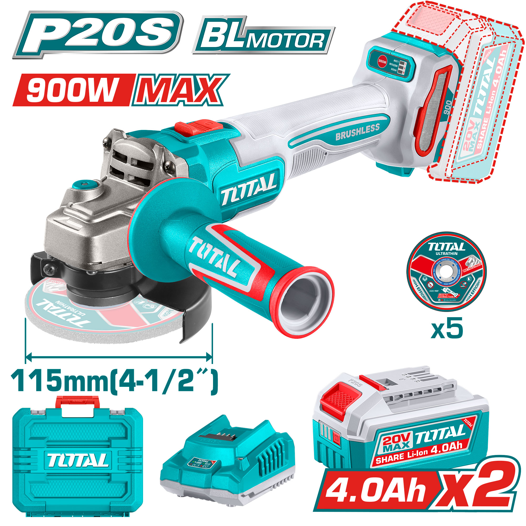 ANGLE GRINDER 4.5 INCH 900 WATT WITH 2 BATTERY 4 AMP AND CHARGER