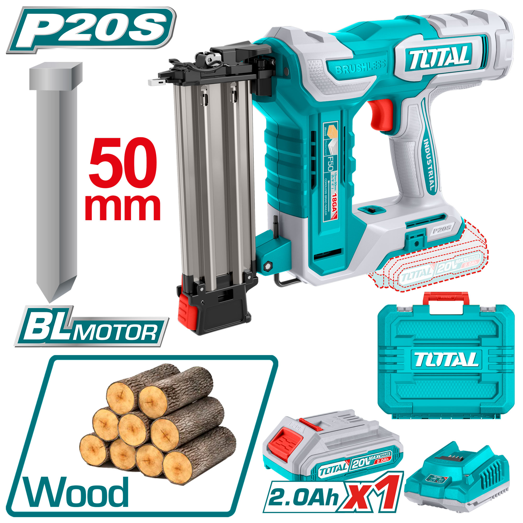 CORDLESS NAILER 5 CM 20 VOLT WITH BATTERIES AND CHARGER