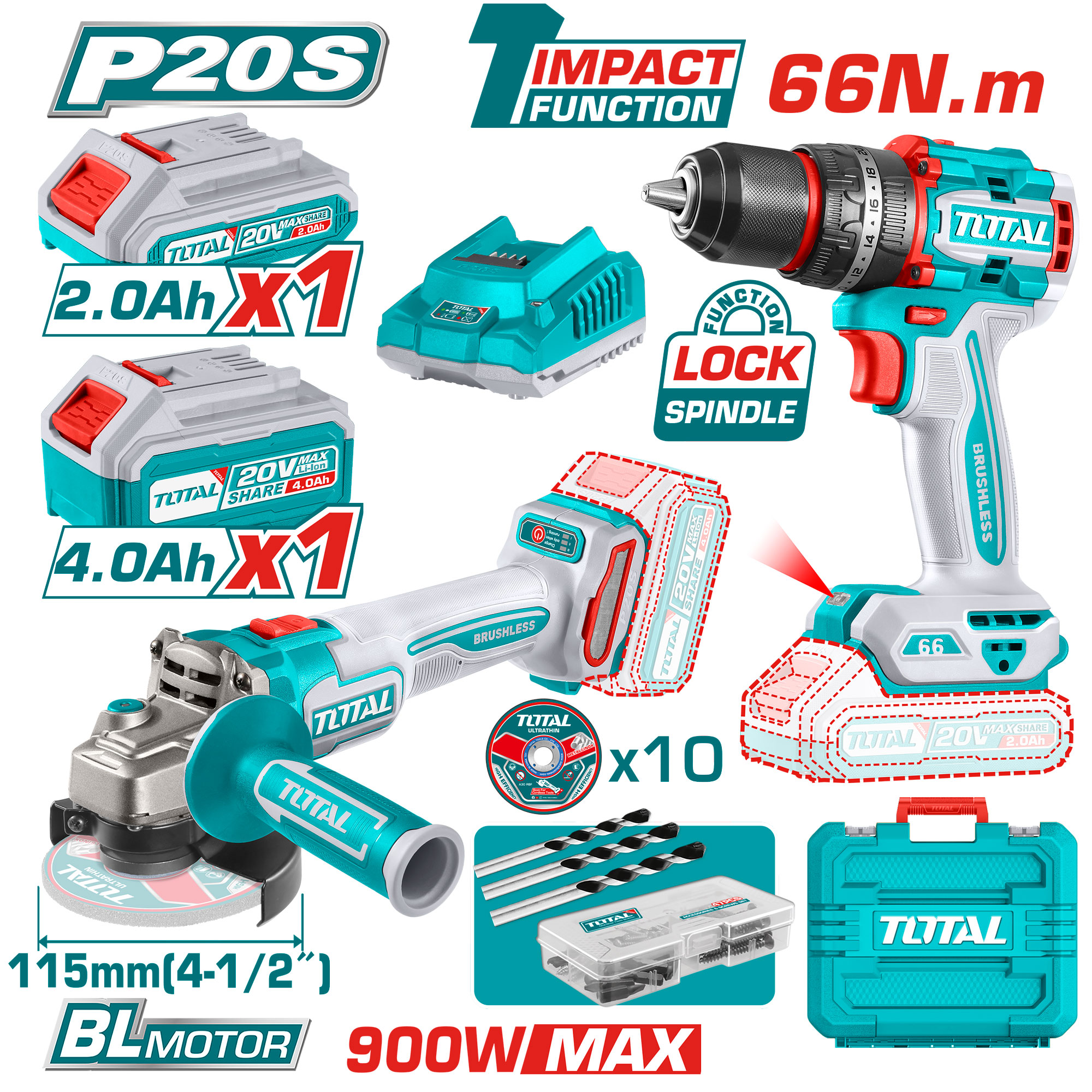 COMBO KIT OF CORDLESS IMPACT DRILL 60 NM AND ANGLE GRINDER 4.5 INCH WITH BATTERIES AND CHARGER