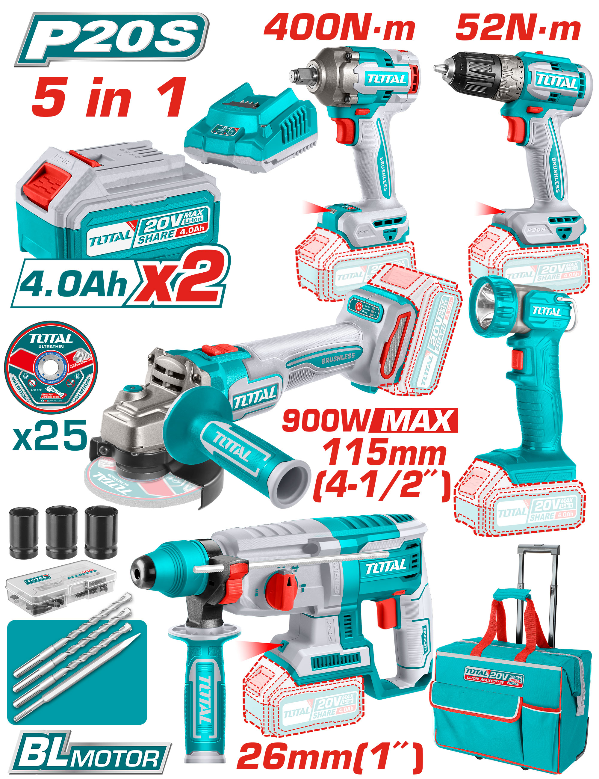 CORDLESS COMBO KIT 20 VOLT 5 PCS