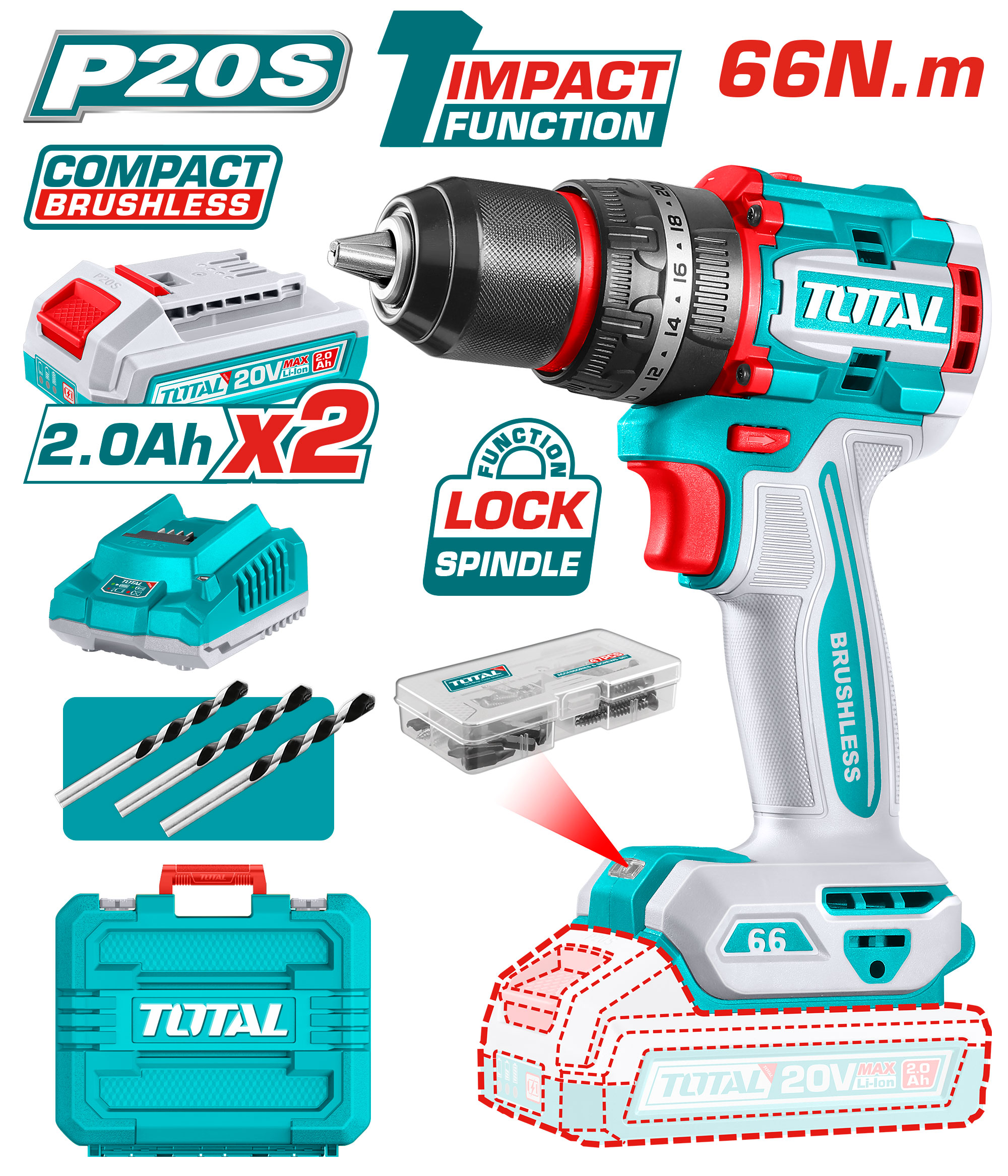 IMPACT CORDLESS DRILL 20 VOLT 66 NM WITH 2 BATTERIES AND CHARGER