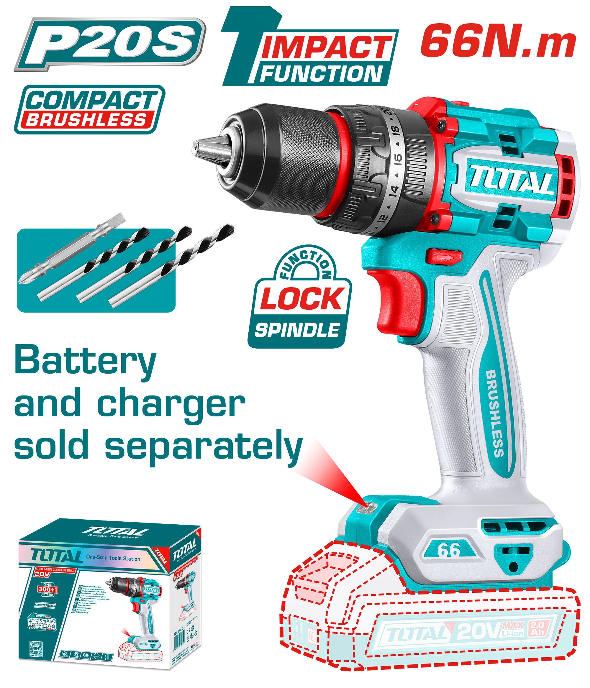 CORDLESS DRILL 20 VOLT 66 NM WITHOUT BATTERY AND CHARGER