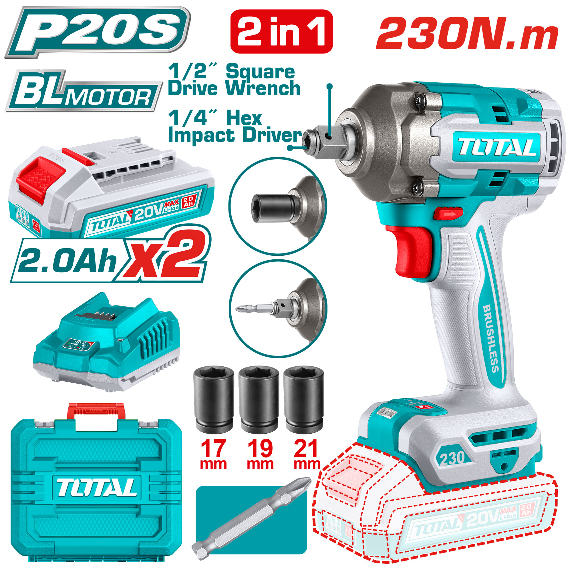 CORDLESS IMPACT DRIVER & WRENCH 20 VOLT 1/4 & 1/4 INCH 230 NM WITH BATTERIES AND CHARGER