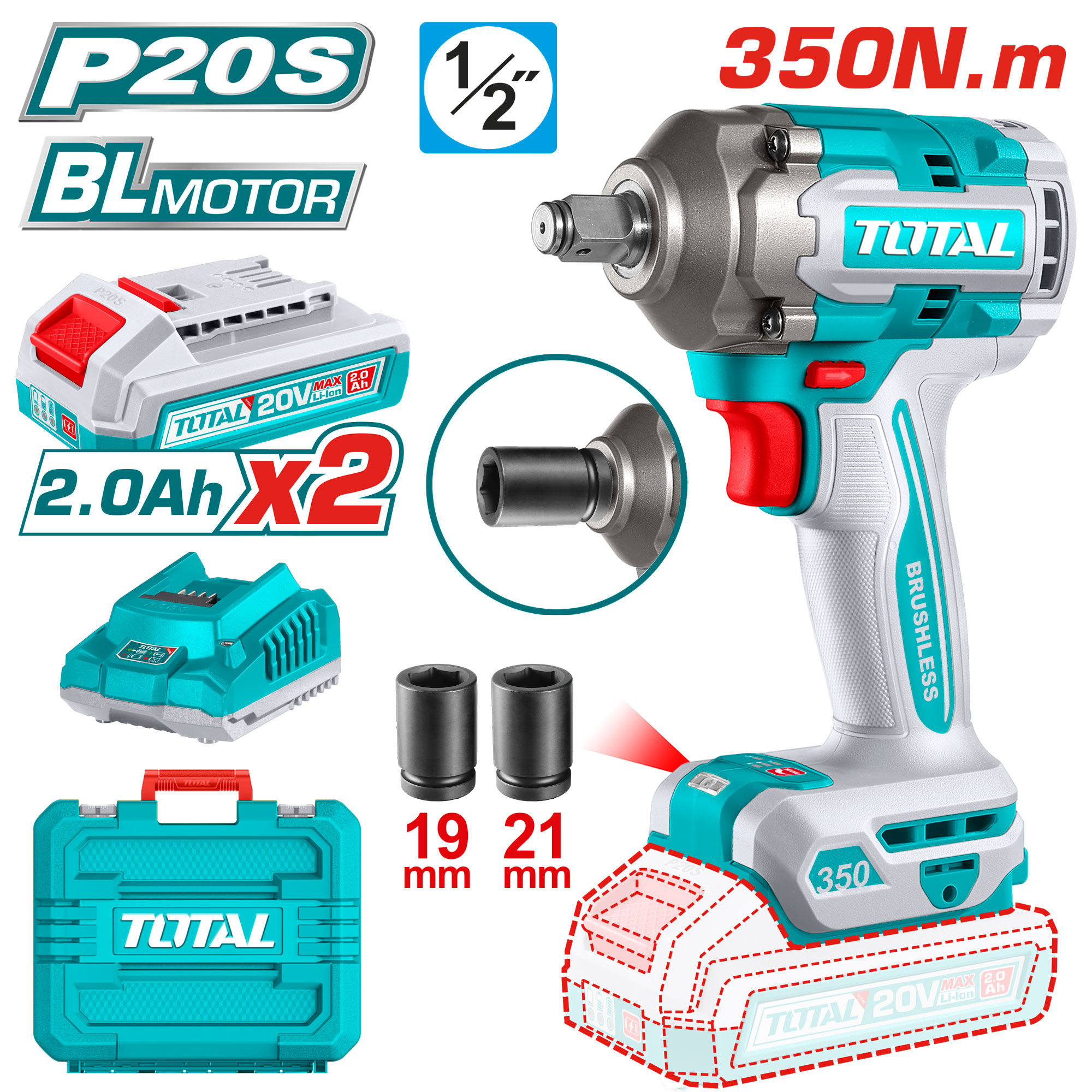 CORDLESS IMPACT WRENCH 20 VOLT 1/2 INCH 350 NM WITH 2 BATTERIES AND CHARGER