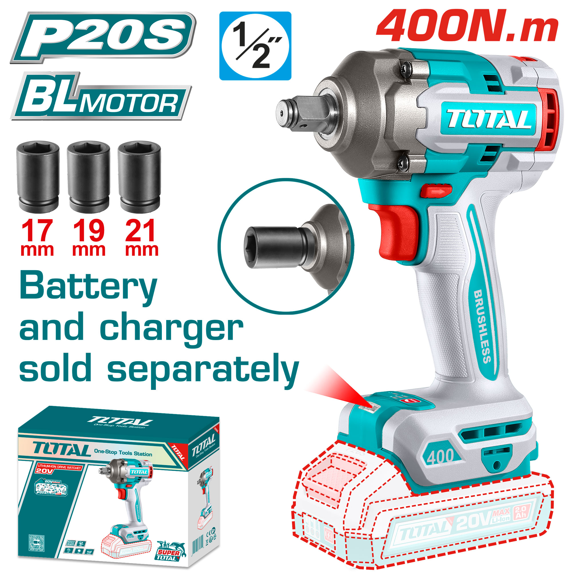 CORDLESS IMPACT WRENCH 20 VOLT 1/2 INCH 400 NM WITHOUT BATTERY