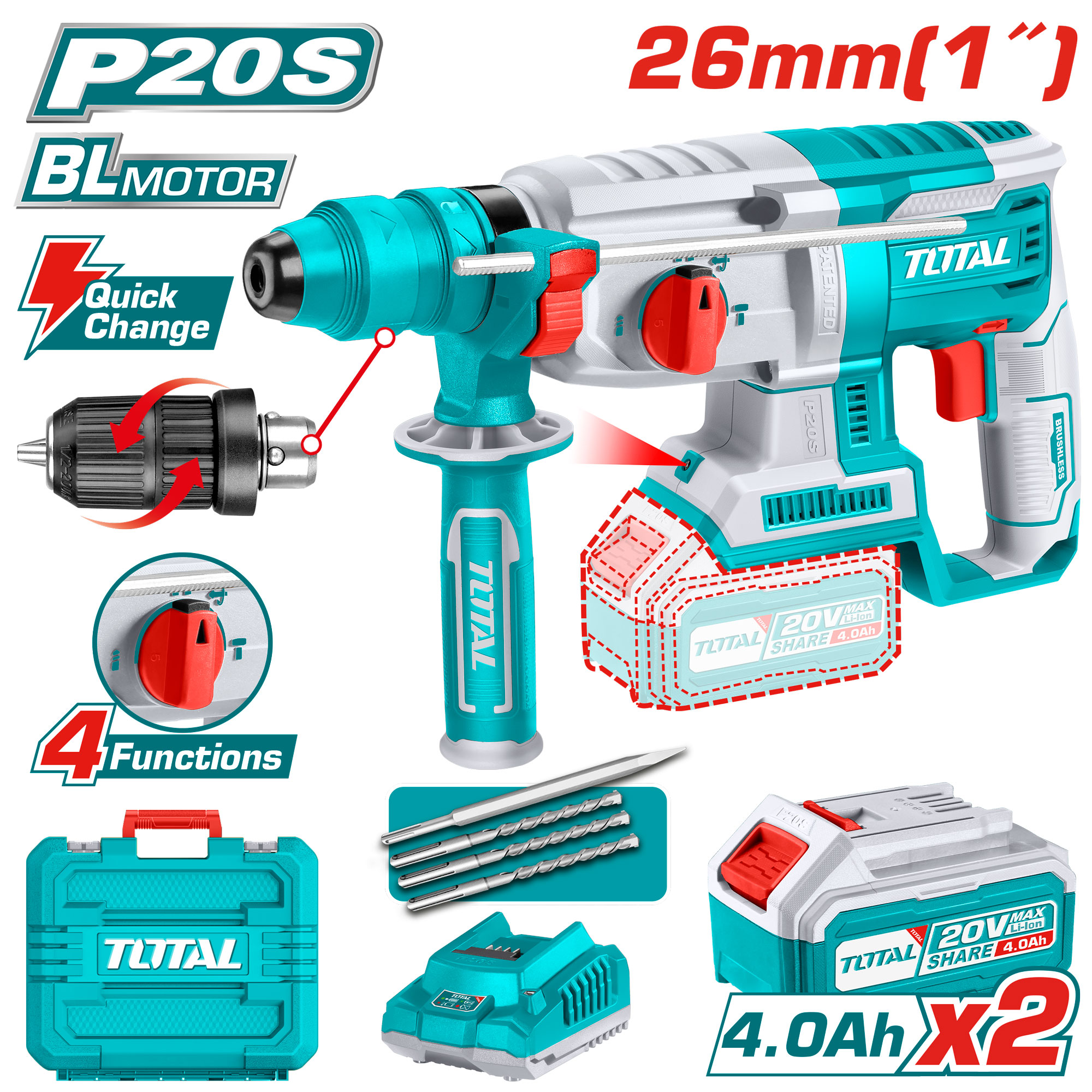 CORDLESS ROTARY HAMMER 20 VOLT 26 ML WITH 2 CHUCKS AND BATTERIES AND CHARGER