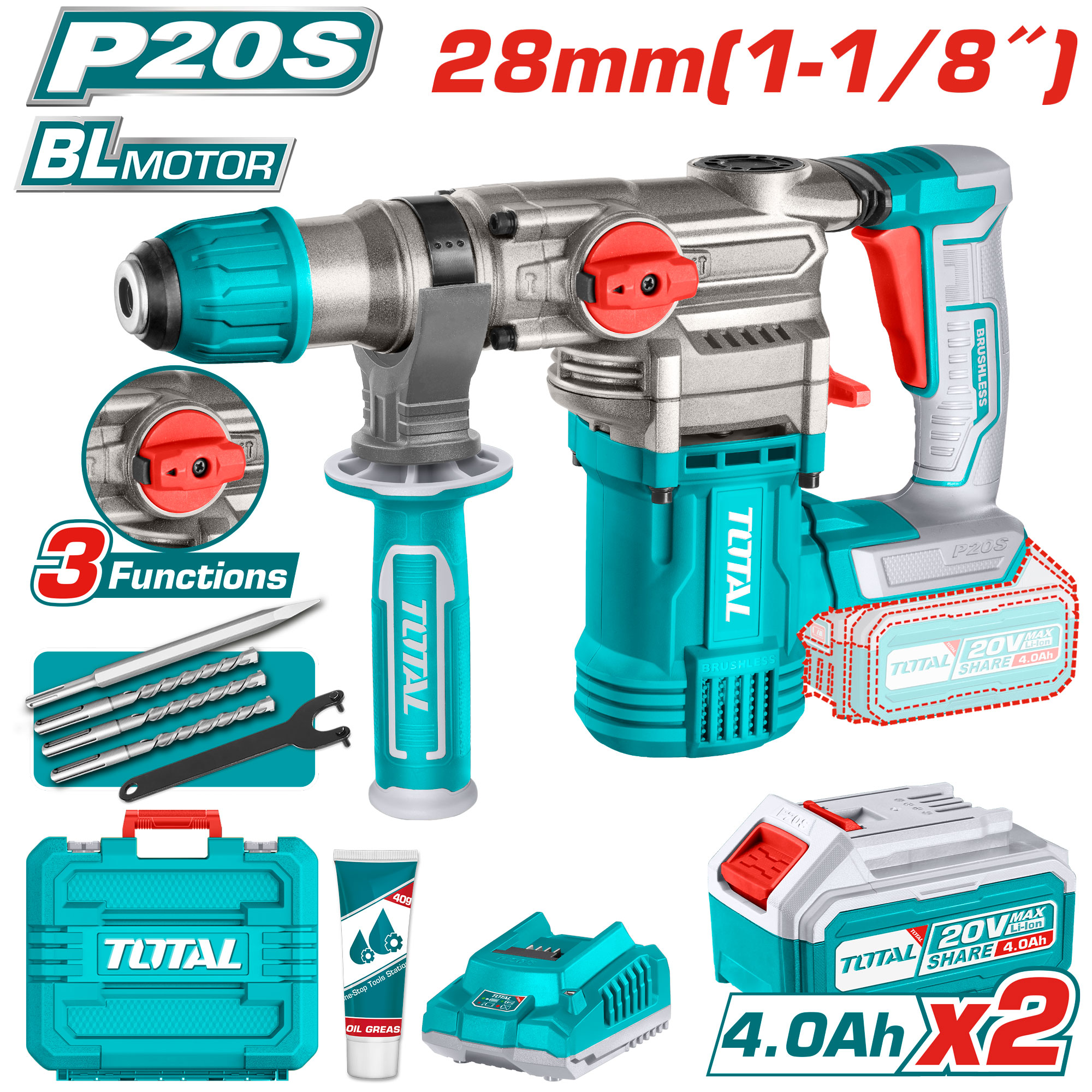 CORDLESS ROTARY HAMMER 20 VOLT 28 ML WITH 2 BATTERIES AND CHARGER