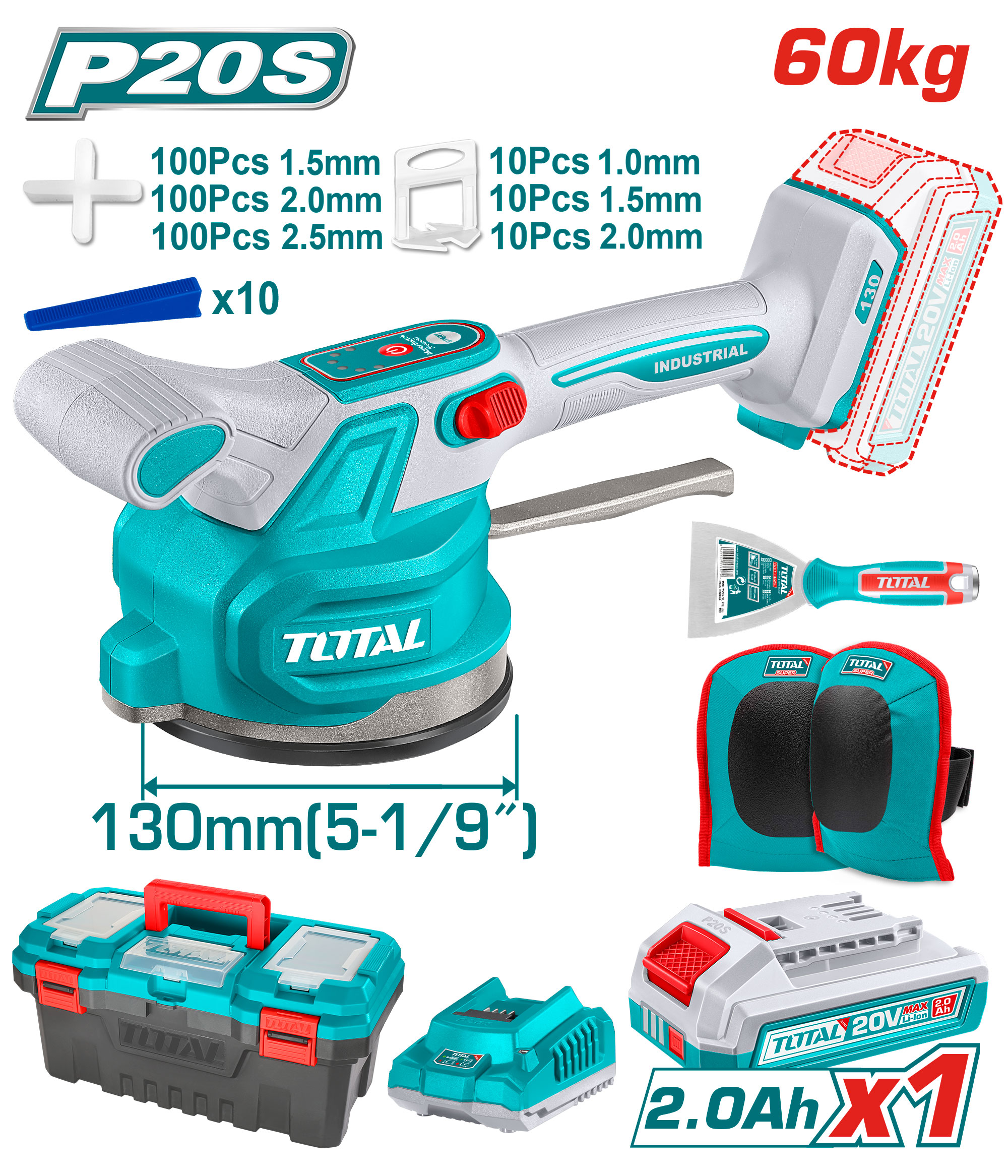 LITHIUM ION TILE VIBRATOR 20 VOLT WITH BATTERY AND CHARGER AND KNEEPAD SET