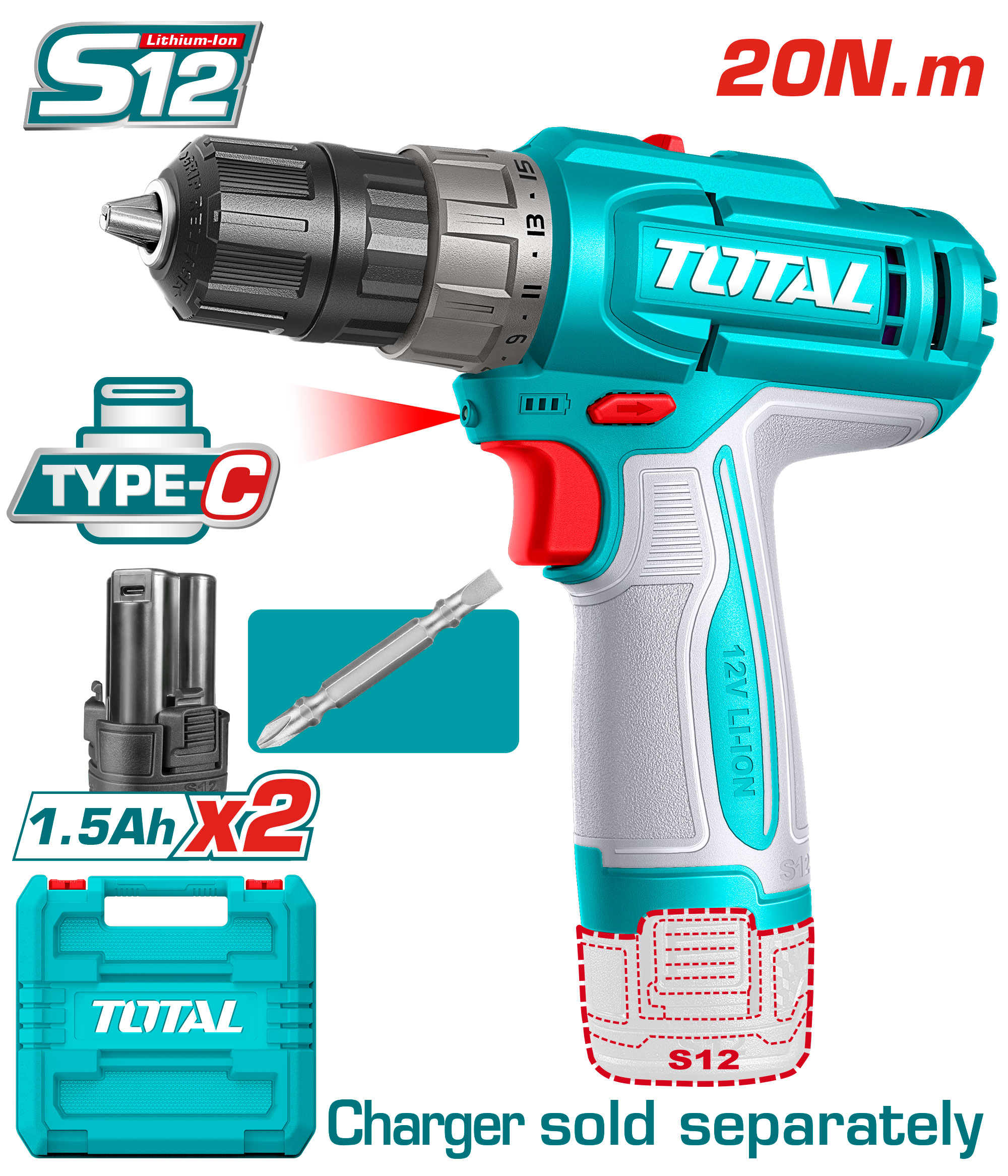 BATTERY DRILL 12 VOLT WITH 2 BATTERIES (TYPE C)