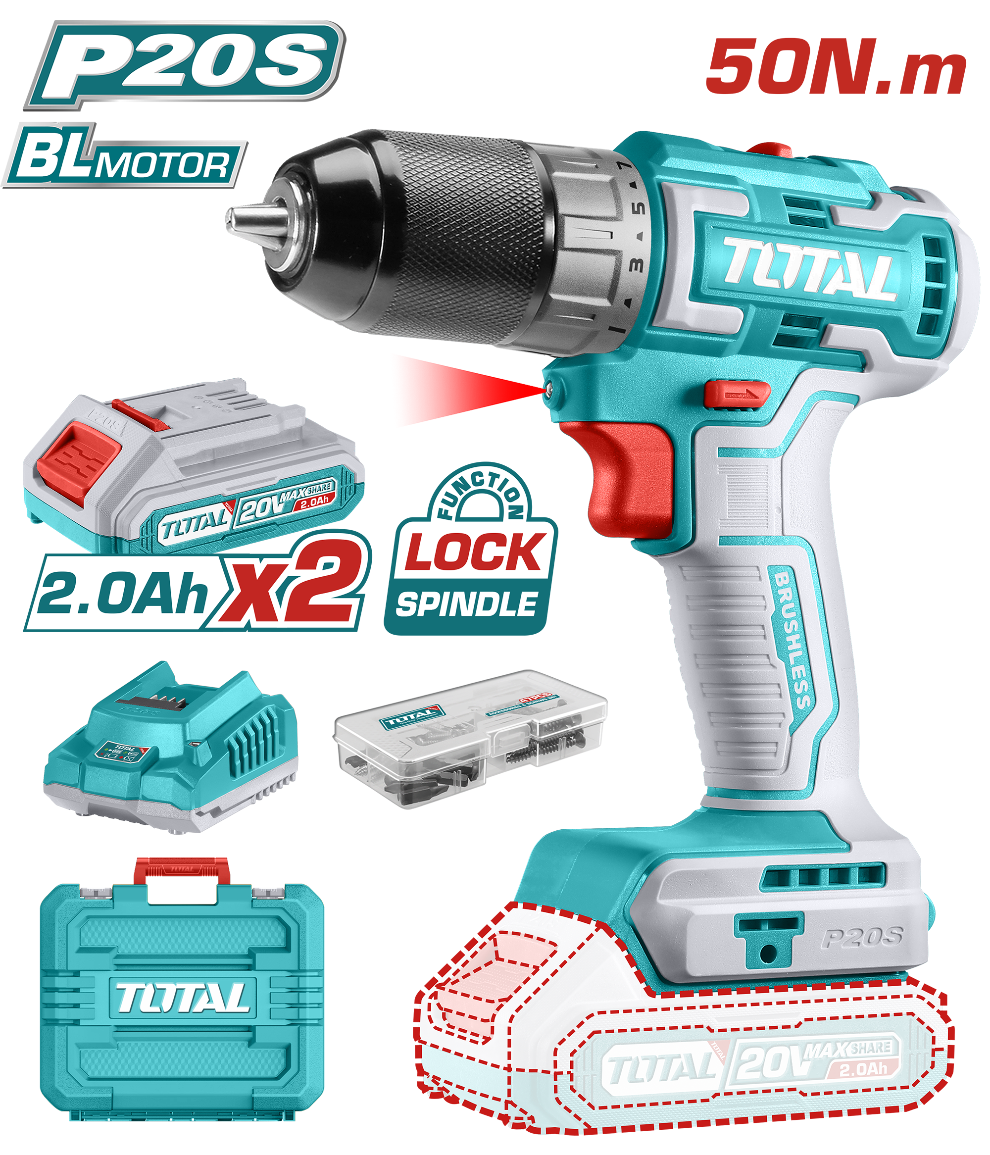 BRUSHLESS IMPACT CORDLESS DRILL 50 NM WITH 2 BATTERIES AND CHARGER