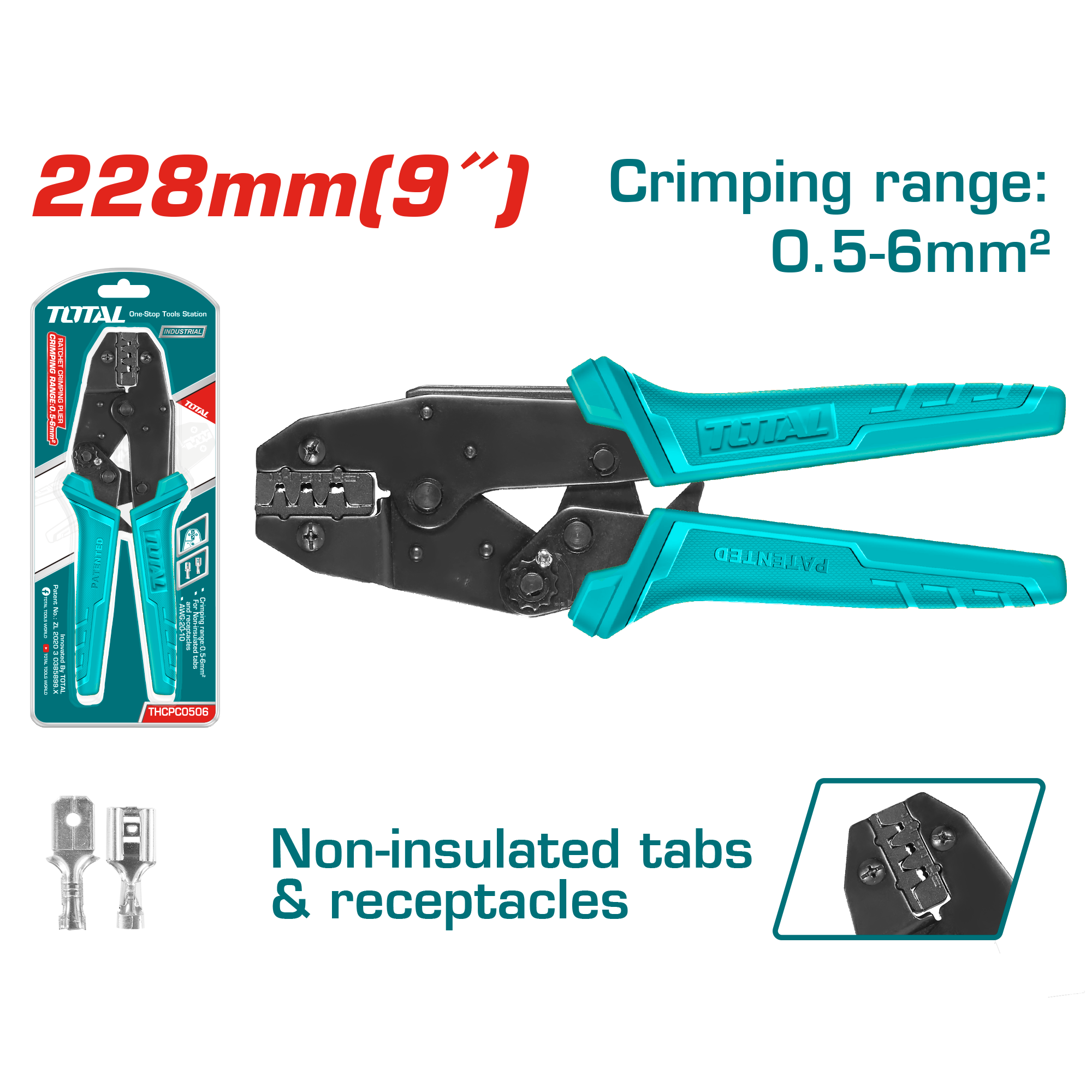 RATCHET CRIMPING PLIER FOR NON INSULATED TAPS AND RECEPTACLES