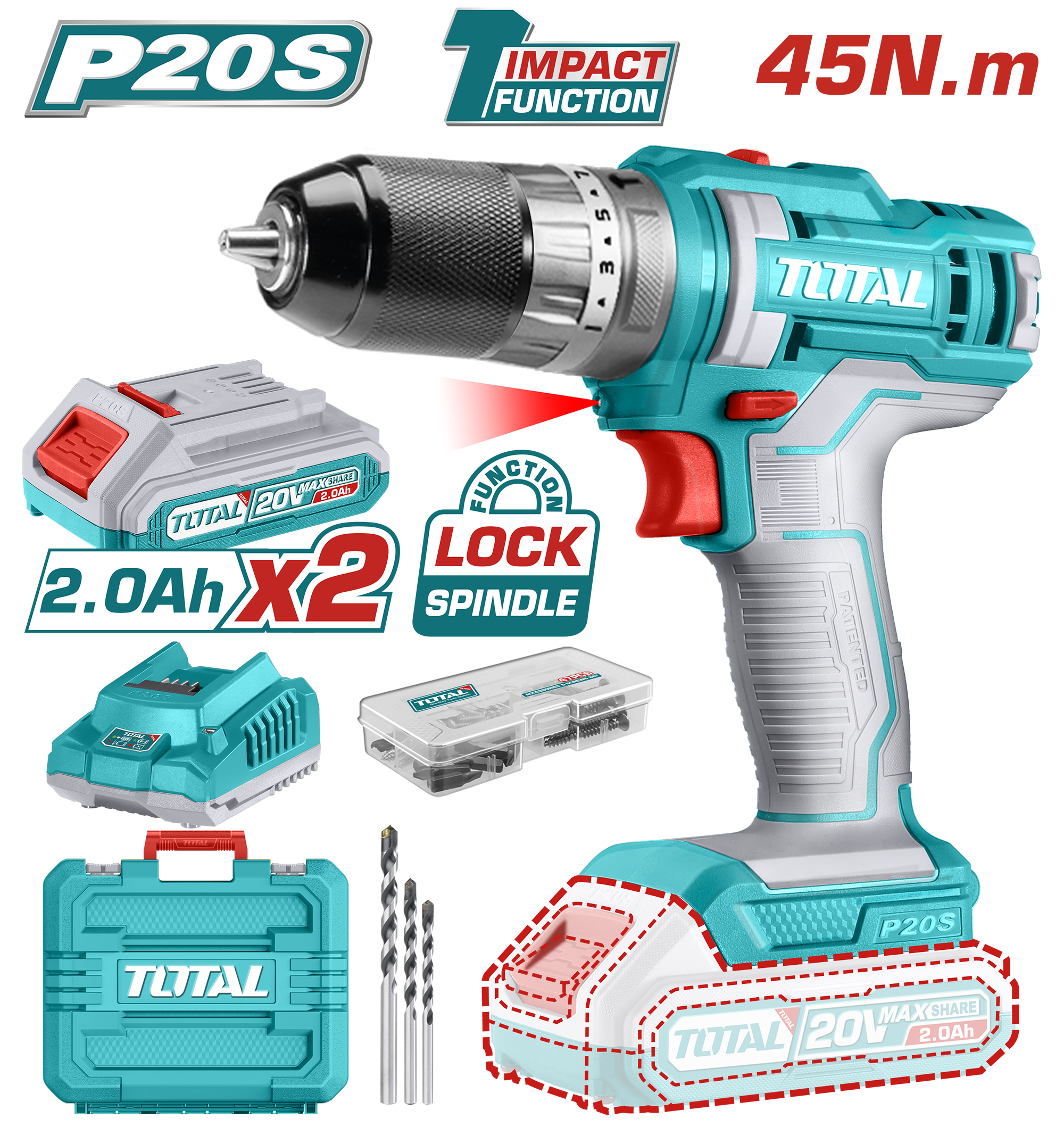 CORDLESS DRILL IMPACT WITH 2 BATTERIES AND CHARGER