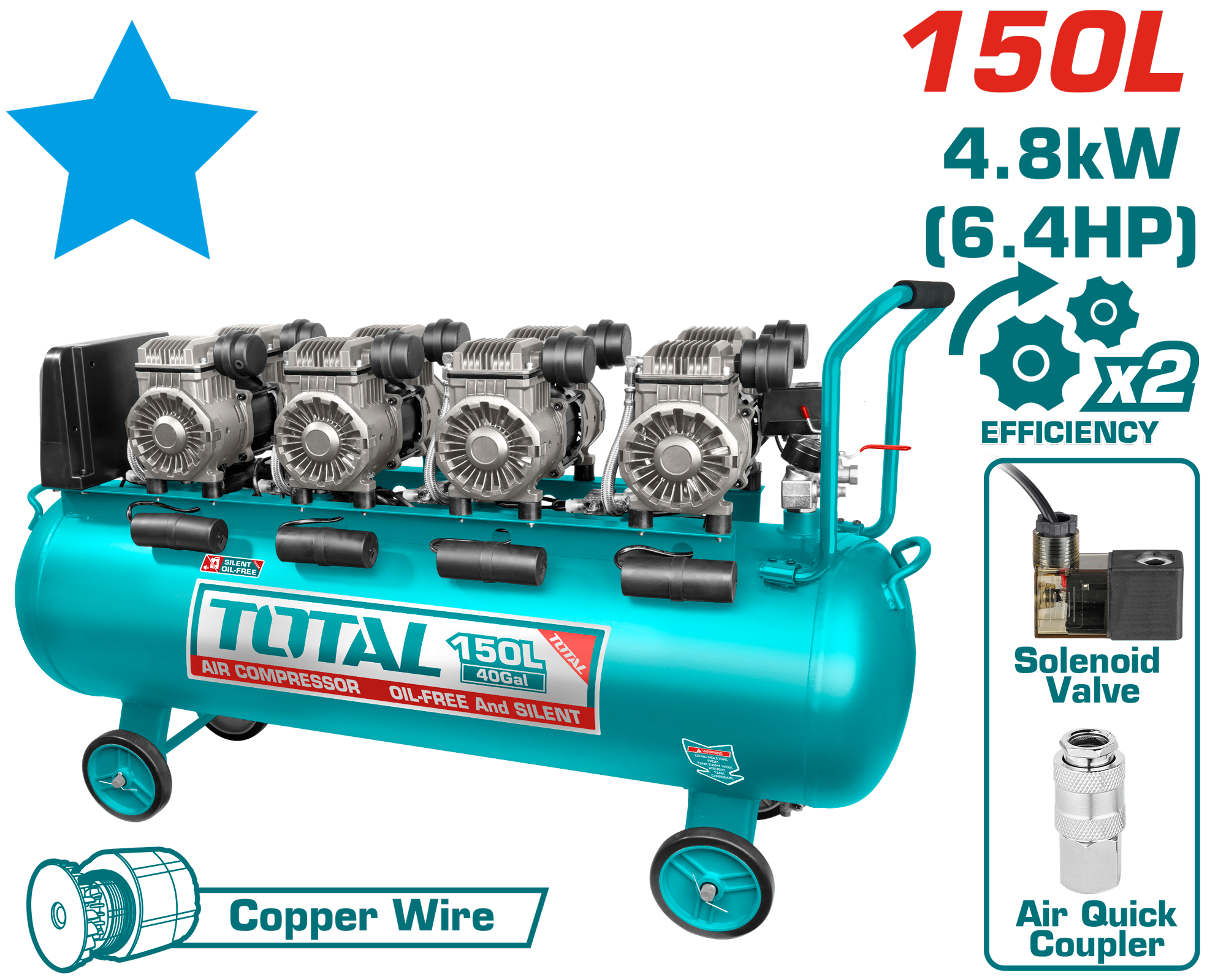 SILENT OIL FREE COMPRESSOR 150 LT 6.4 HP