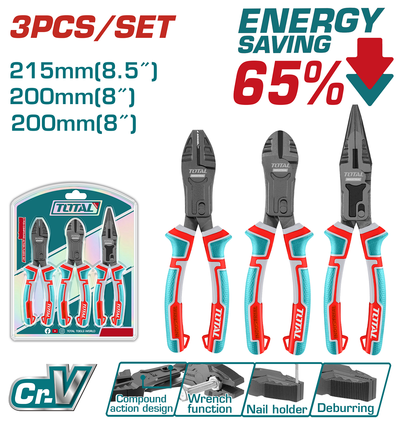 COMPOUND ACTION COMBINATION PLIERS SAVE ENERGY SET 3 PCS