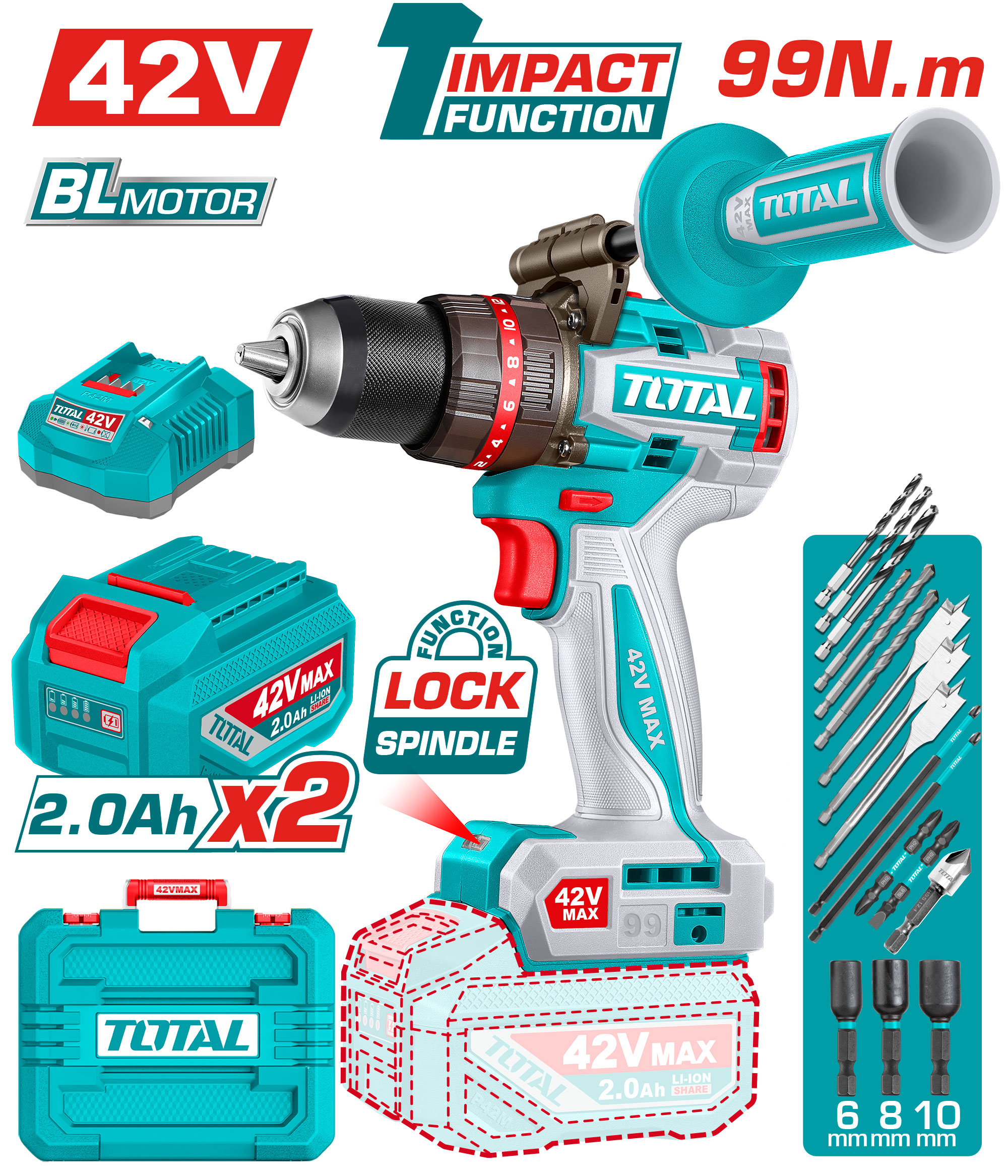CORDLESS BRUSHLESS DRILL 42 VOLT 99 NM WITH 2 BATTERIES AND CHARGER
