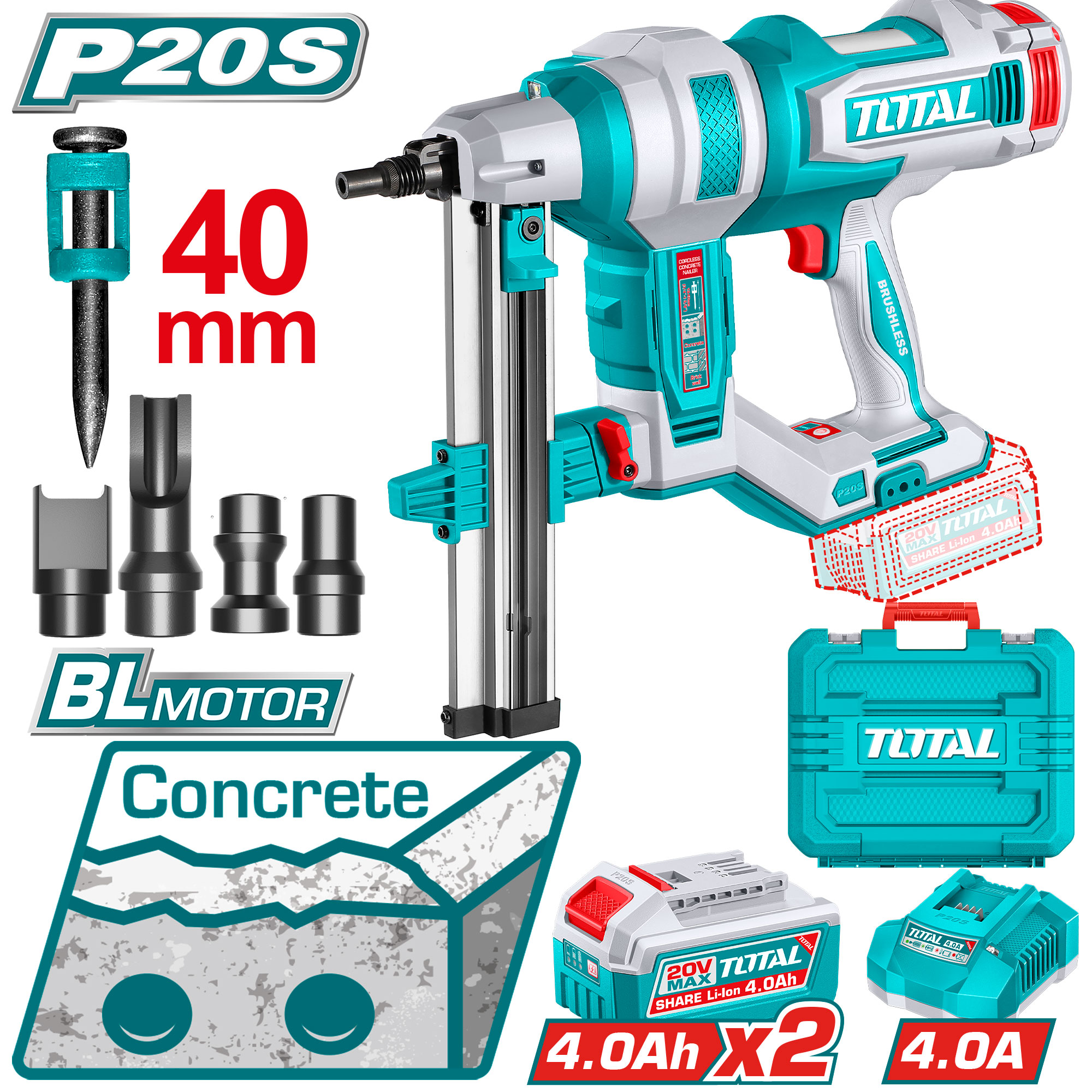 CORDLESS CONCRETE NAILER 20 VOLT WITH 2 BATTERIES 4 AMP AND CHARGER
