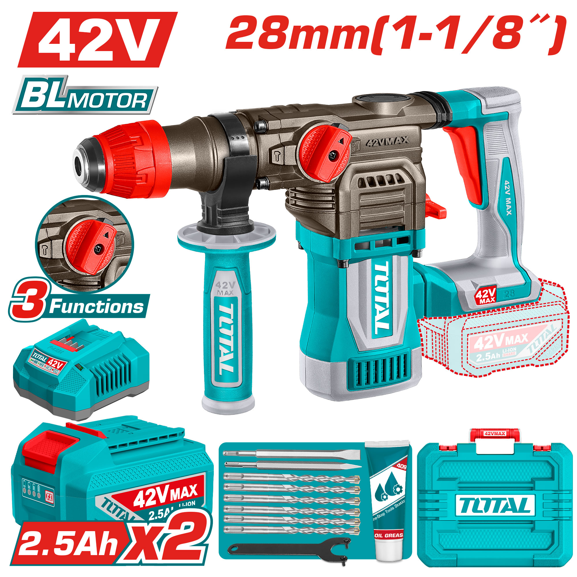 CORDLESS BRUHLESS ROTARY HAMMER 42 VOLT 28 ML WITH 2 BATTERIES AND CHARGER