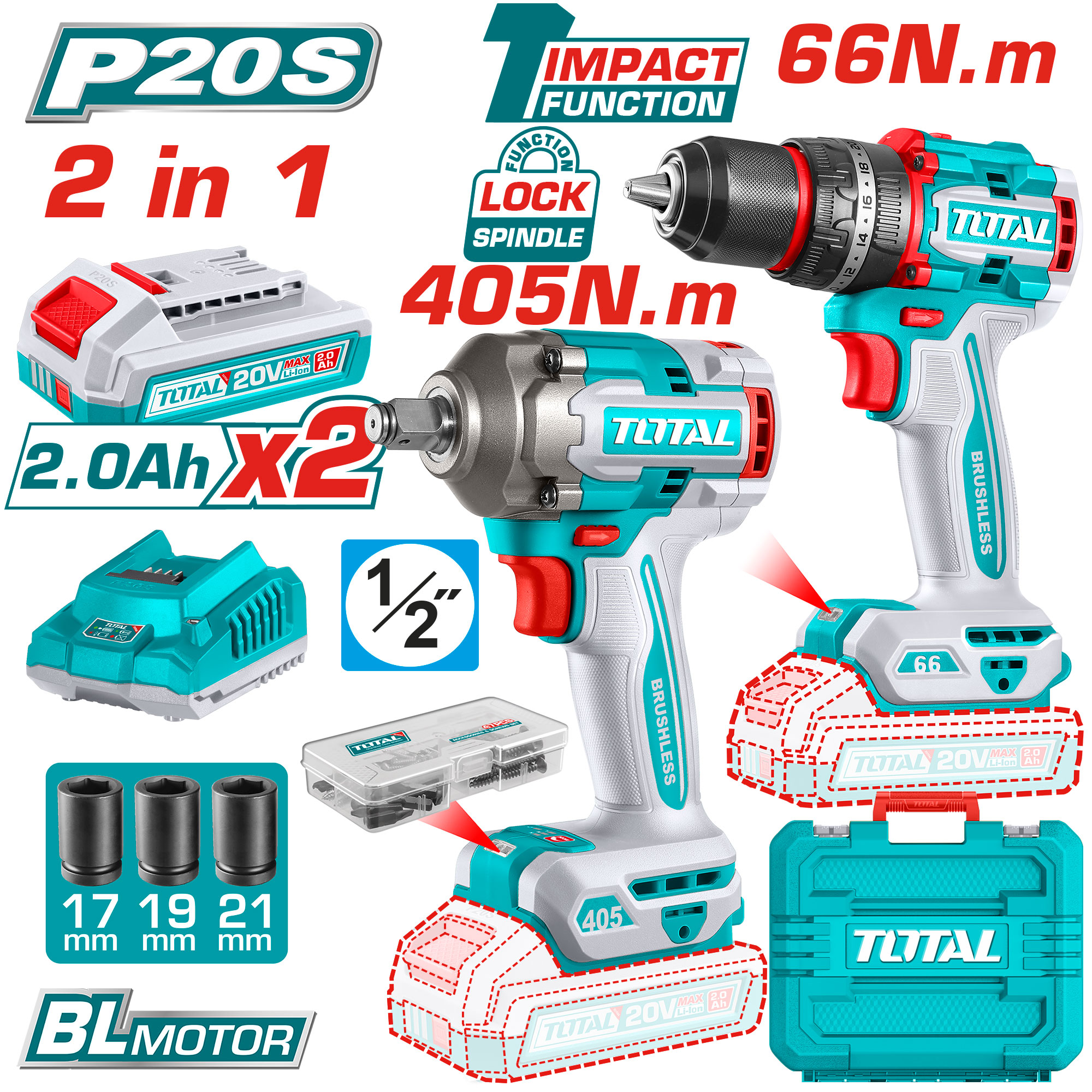CORDLESS SET OF DRILL 66 NM AND IMPACT WRENCH 1/2 INCH WITH 2 BATTERIES AND CHARGER