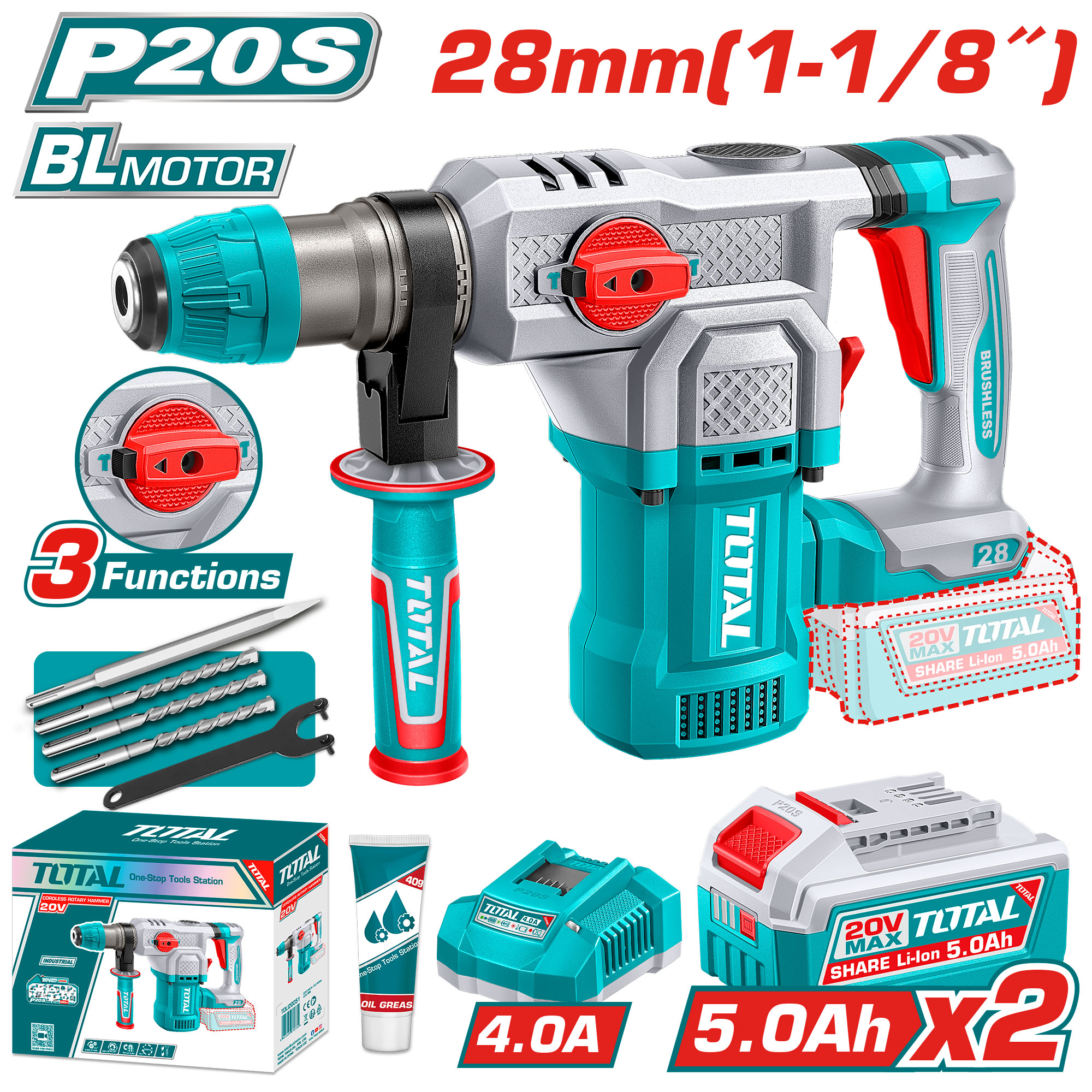BATTERY ROTARY HAMMER 20 VOLT 28ML WITH 2 BATTERIES 5 AMP AND CHARGER