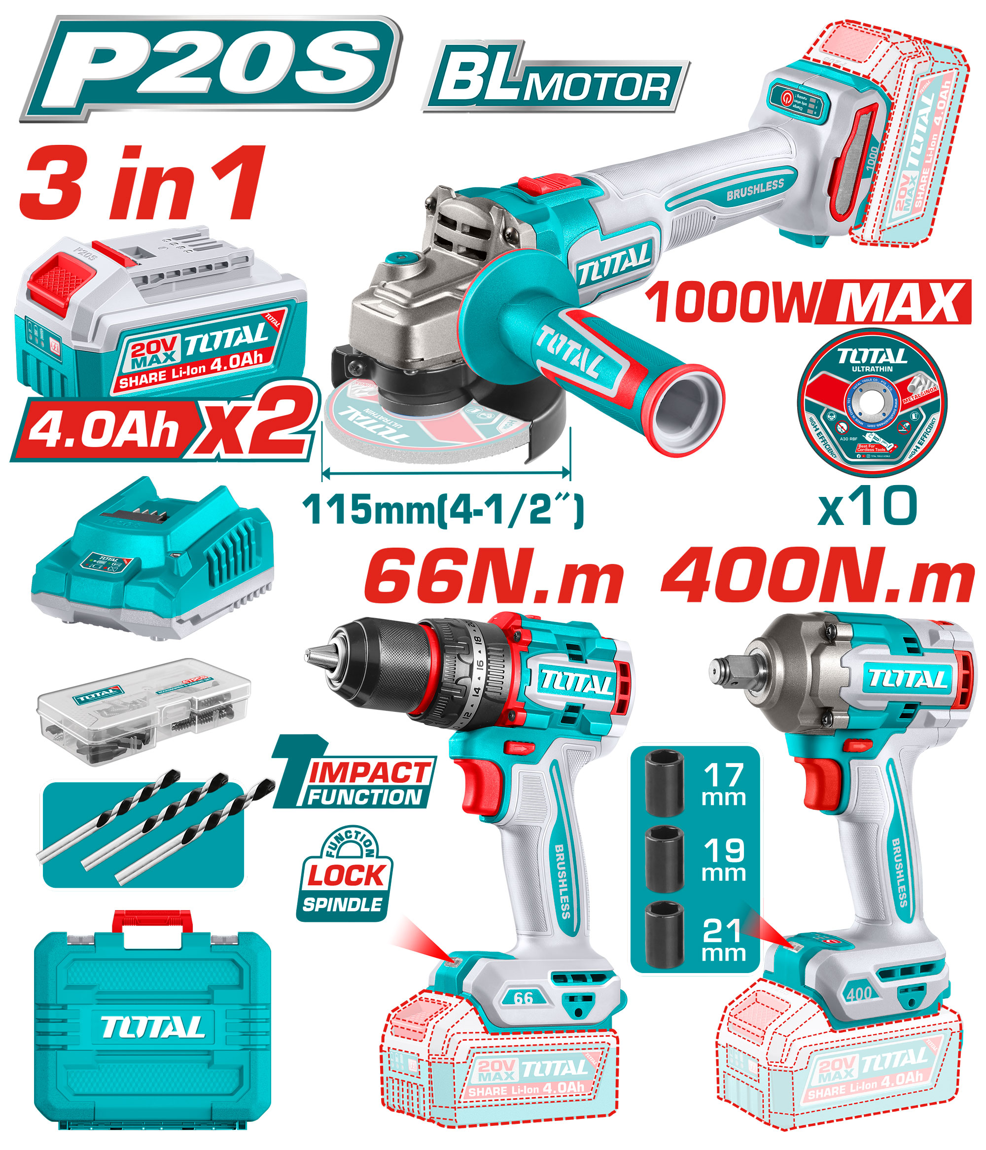 COMBO KIT 20 VOLT 3 PCS ( IMPACT WRENCH - DRILL - GRINDER )