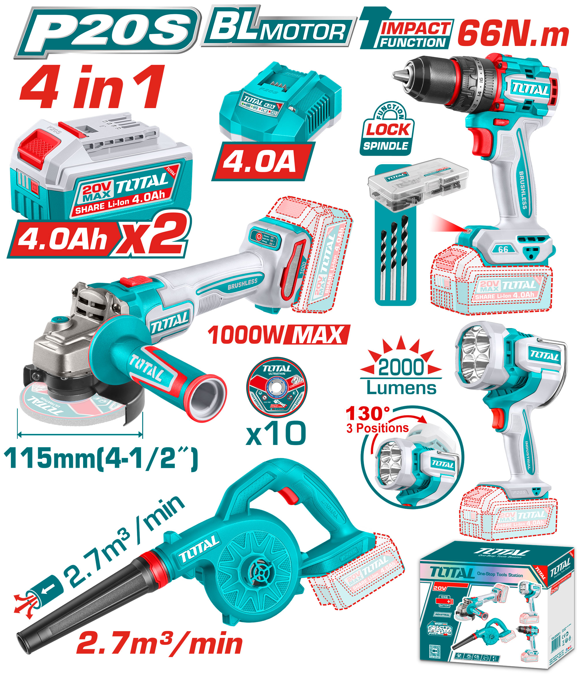 COMBO KIT 20 VOLT 5 PCS (BLOWER -DRILL - WORK LAMP - 2 BATTERIES 4 AMP )