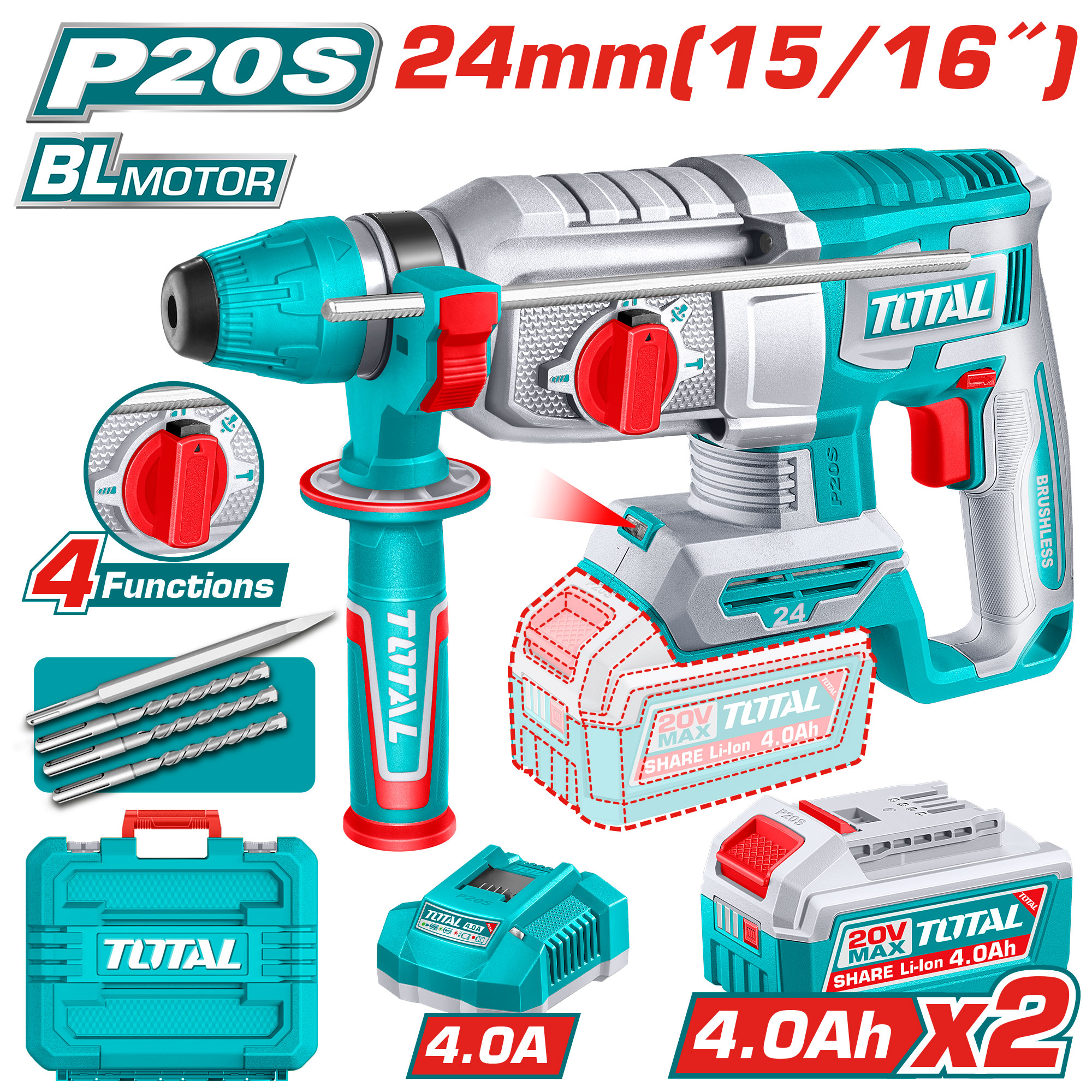 BRUSHLESS BATTERY ROTARY HAMMER 20 VOLT WITH 2 BATTERIES 4 AMP AND CHARGER