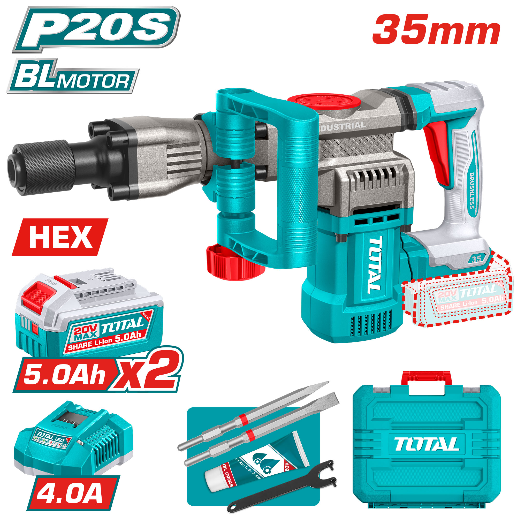 BRUSHLESS BATTERY ROTARY HAMMER 20 VOLT WITH 2 BATTERIES 5 AMP AND CHARGER