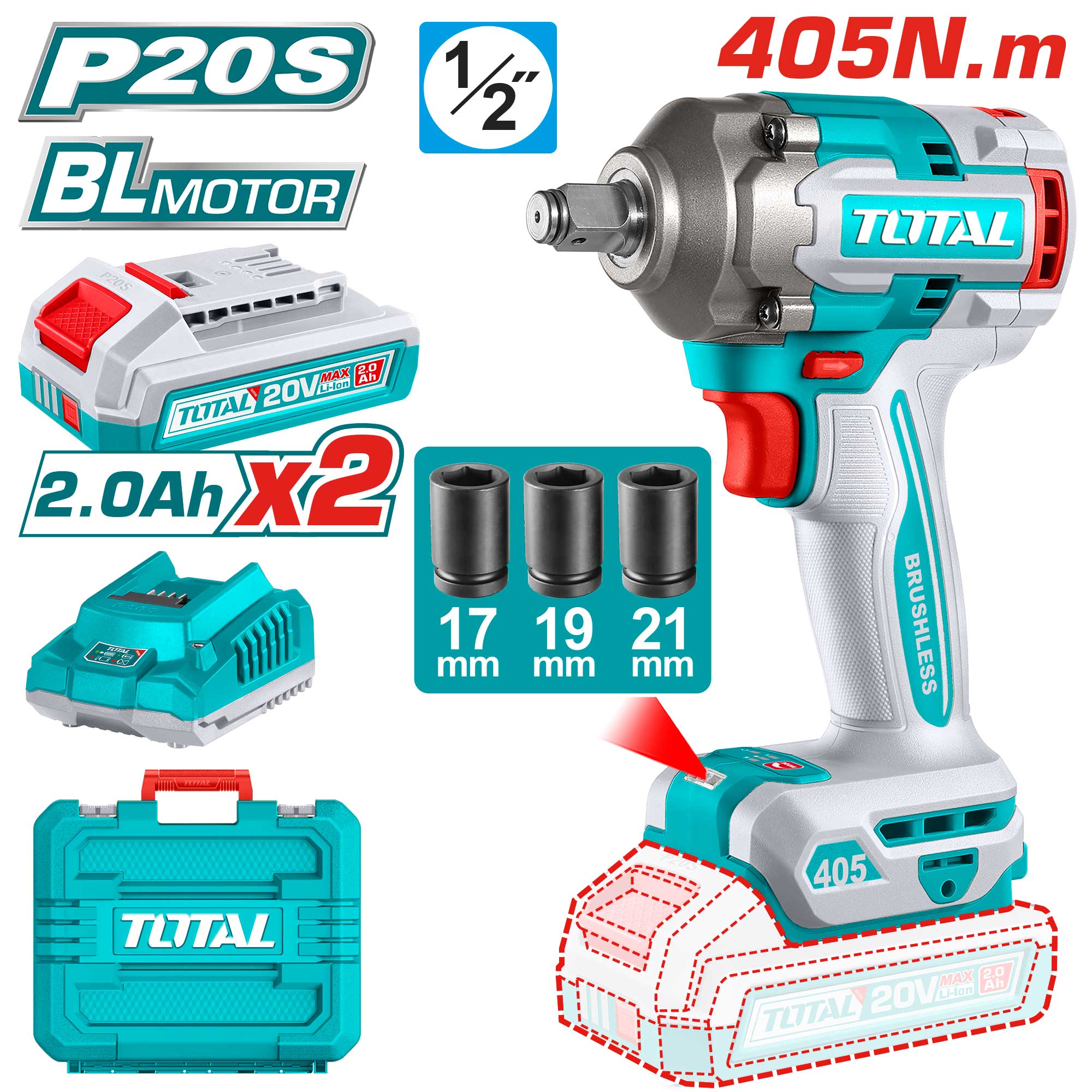 BRUSHLESS IMPACT WRENCH 1/2 INCH 405 NM WITH 2 BATTERIES AND CHARGER