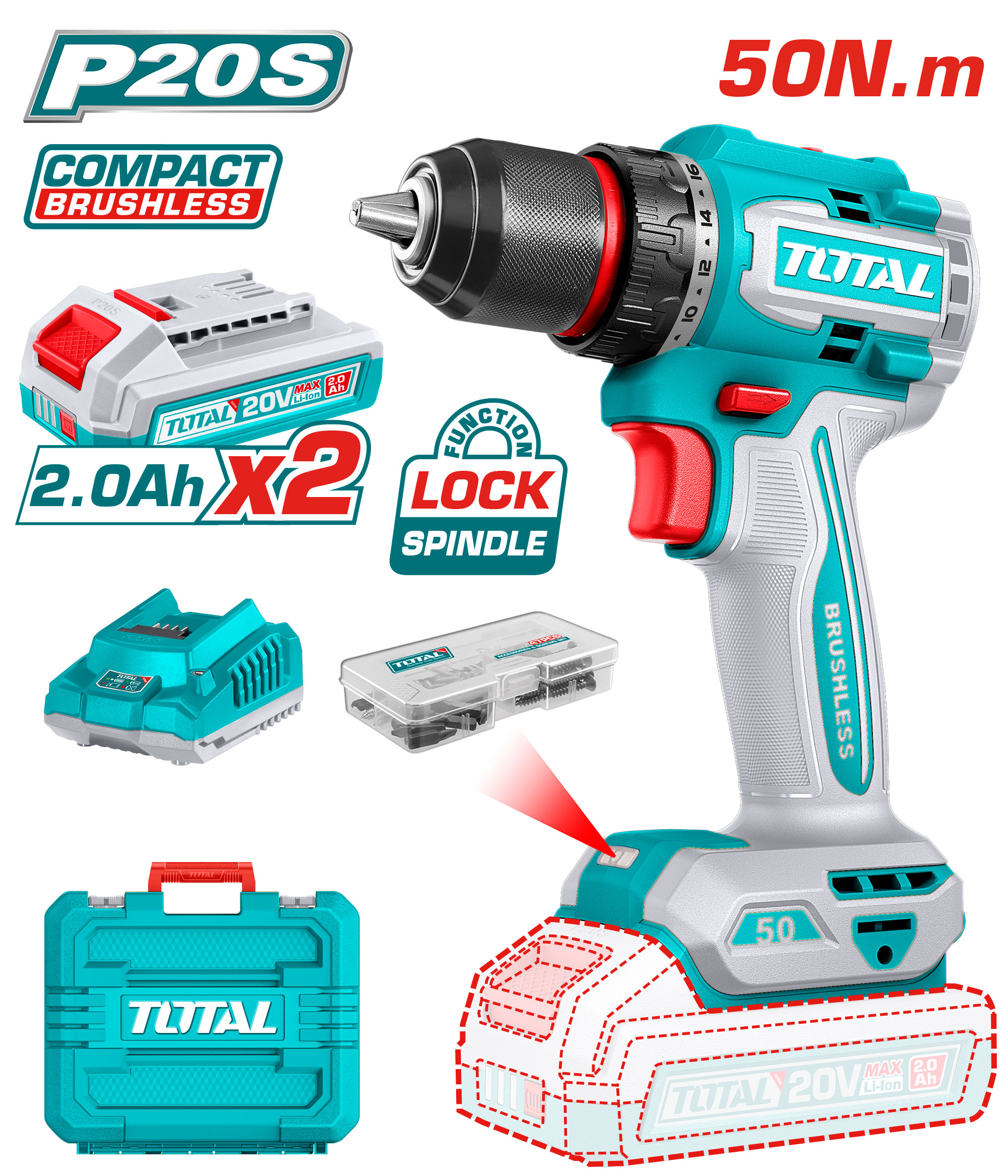 BRUSHLESS CORDLESS DRILL 50 NM WITH 2 BATTERIES AND CHARGER