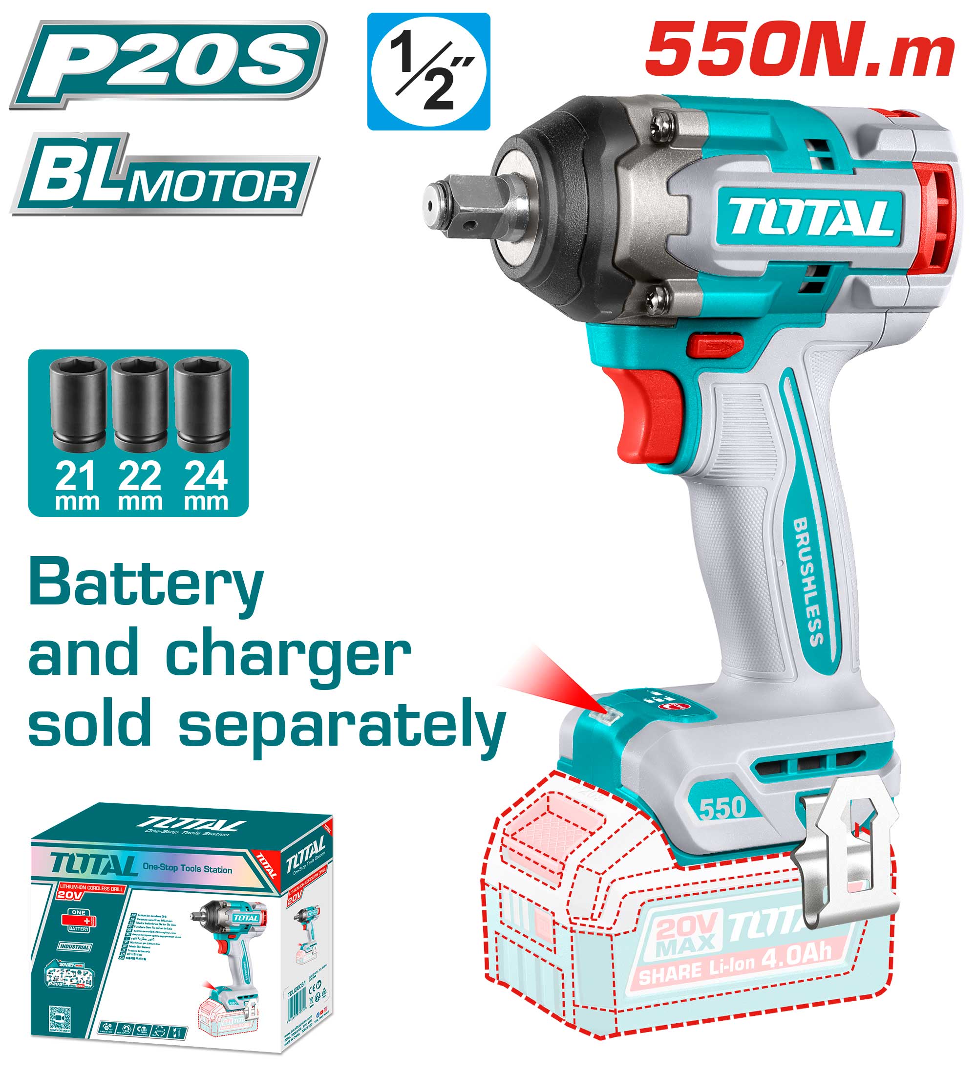 IMPACT WRENCH 1/2 INCH 550 NM WITHOUT BATTERY AND CHARGER