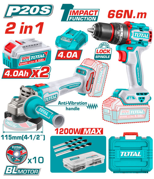 2 PCS CORDLESS COMBO KIT : 20V CORDLESS ANGLE GRINDER AND BRUSHLESS CORDLESS IMPACT DRILL