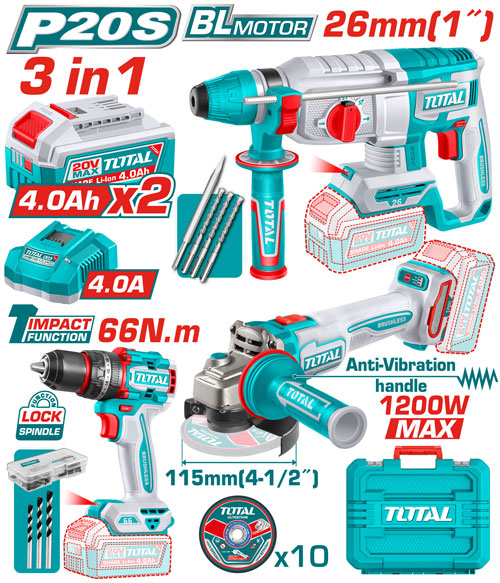3 PCS CORDLESS COMBO KIT 20V INCLUDES COMPACT BRUSHLESS CORDLESS IMPACT DRILL - CORDLESS ANGLE GRINDER - CORDLESS ROTARY HAMMER