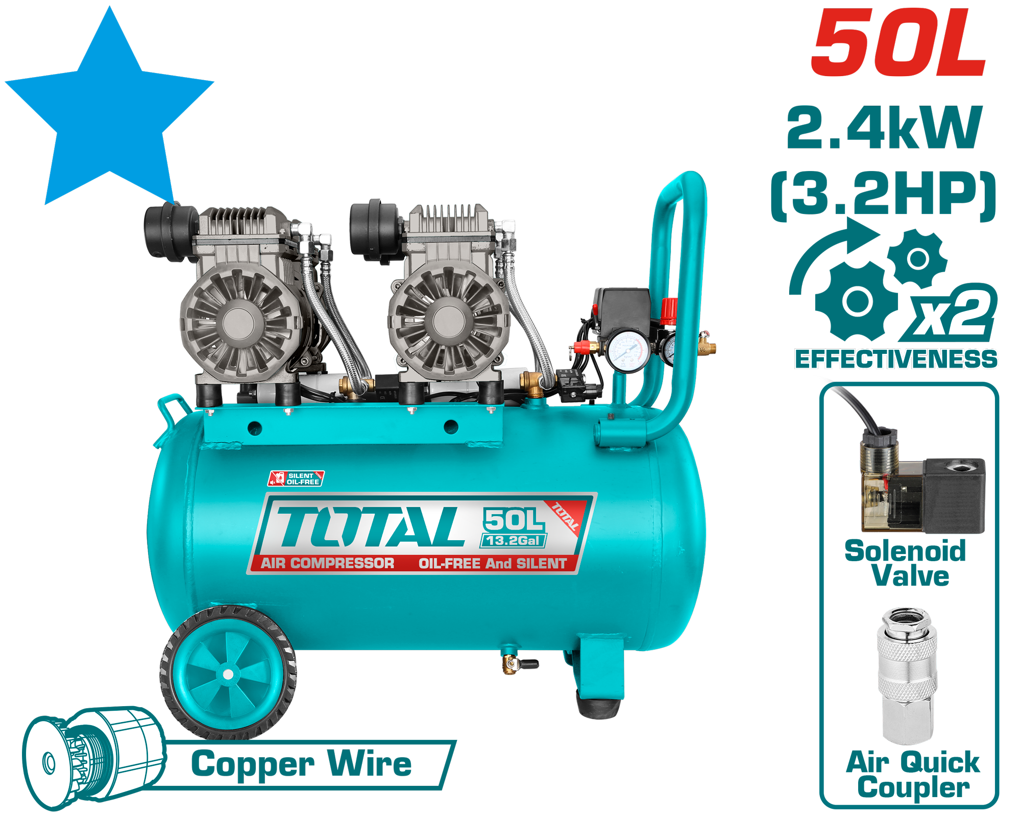 AIR COMPRESSOR SILENT AND OIL FREE 50 LIT 2 HEAD 3.2 HP