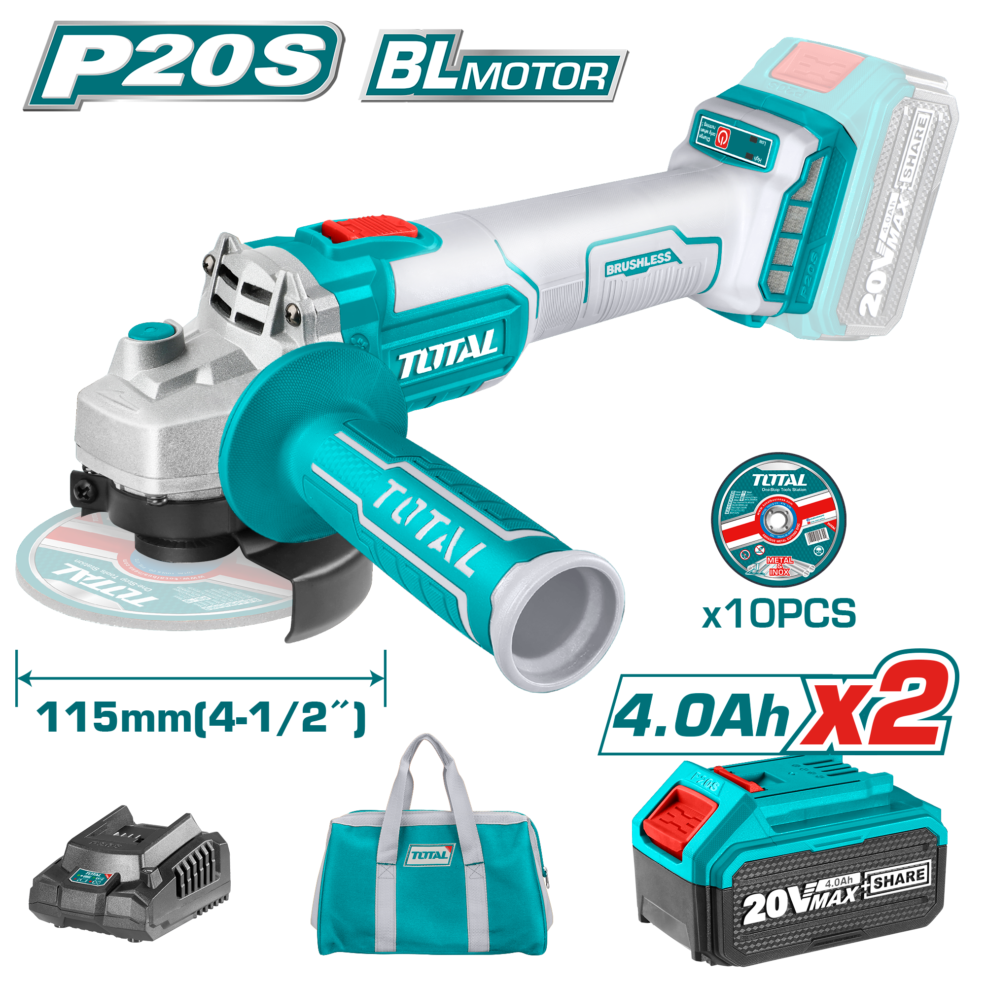 BRUSHLESS BATTERY ANGLE GRINDER WITH 2 BATTERIES 4 AMP AND CHARGER