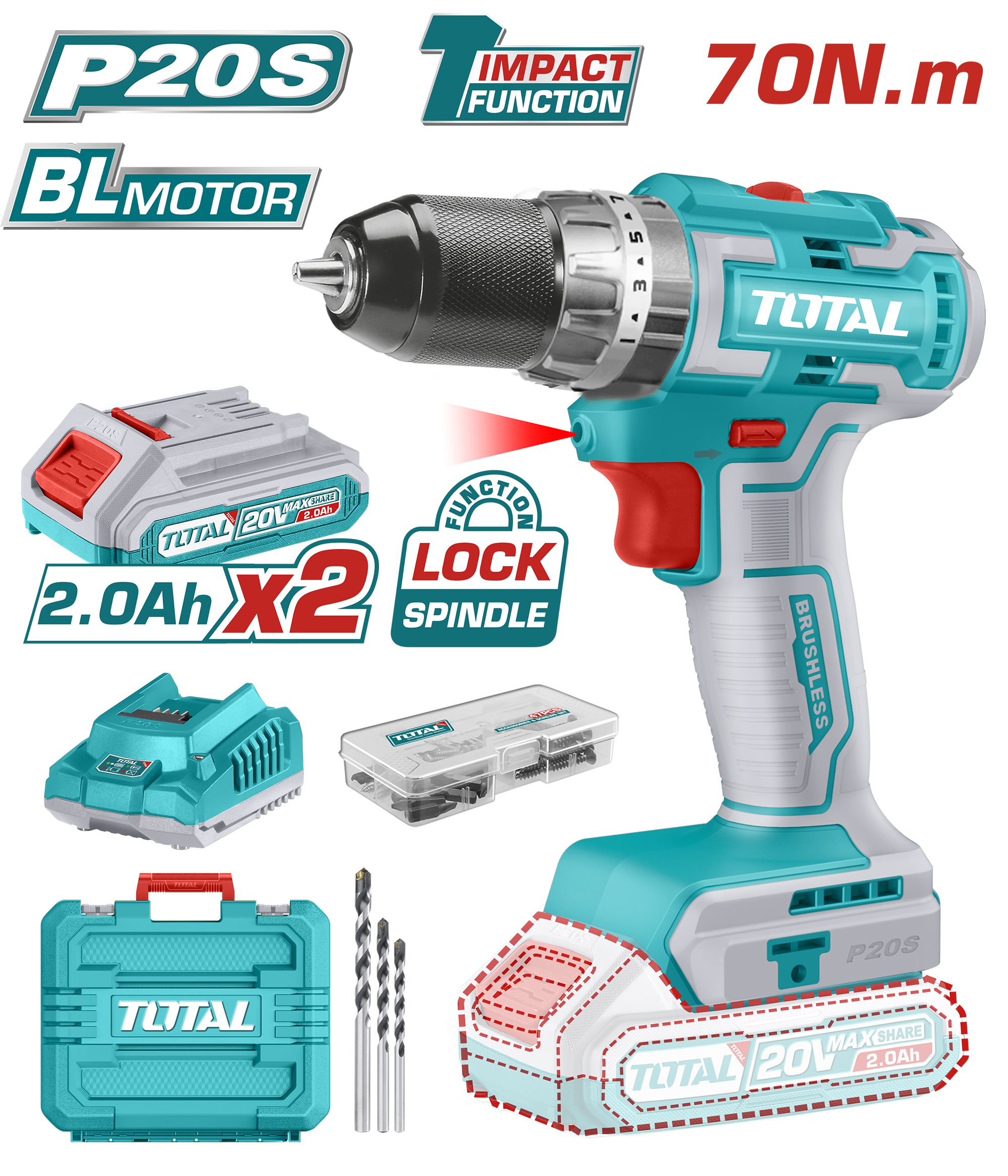 BRUSHLESS CORDLESS IMAPCT DRILL 70 NM WITH 2 BATTERIES AND CHARGER
