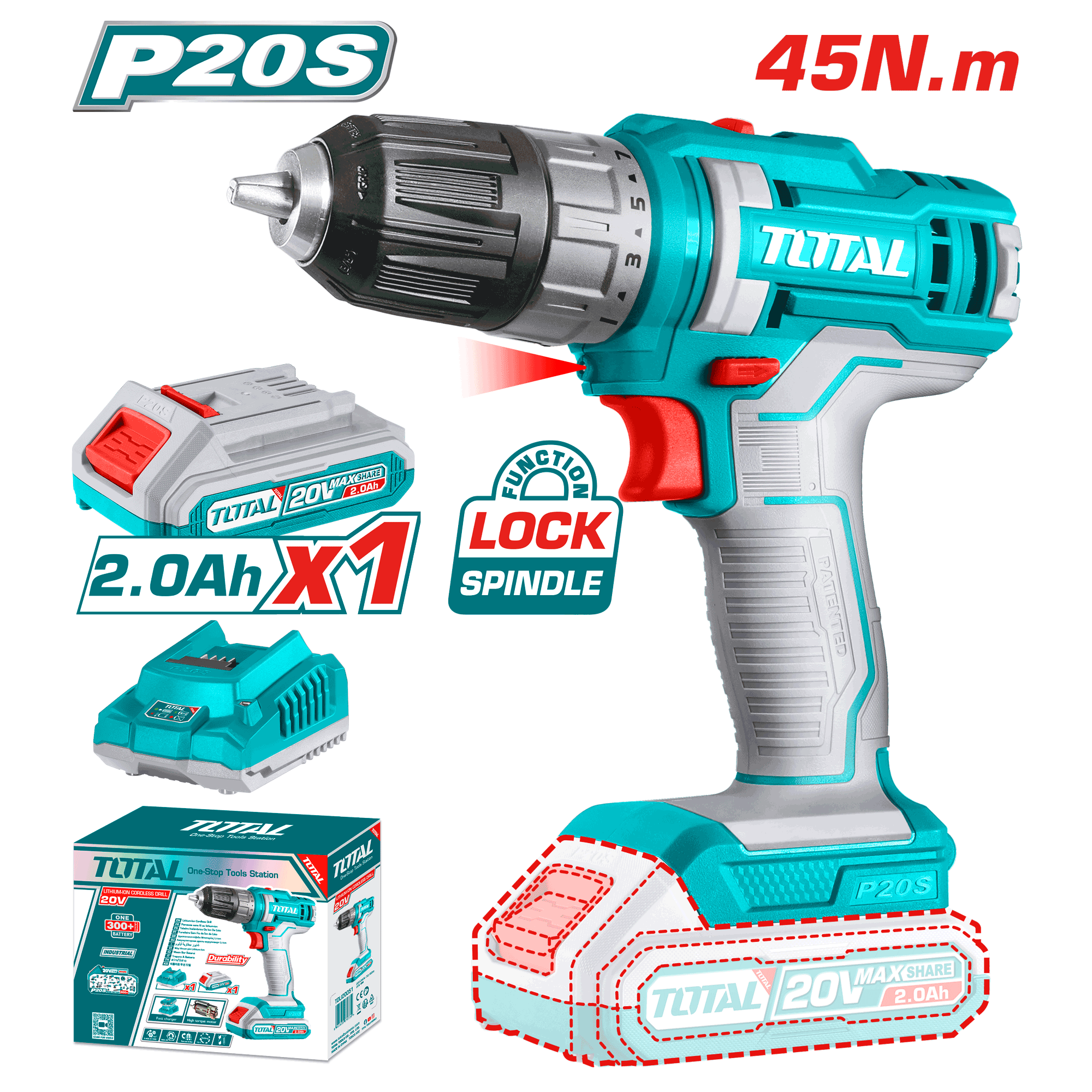 CORDLESS DRILL 20 VOLT WITH 1 BATTERY 2 AMP AND CHARGER