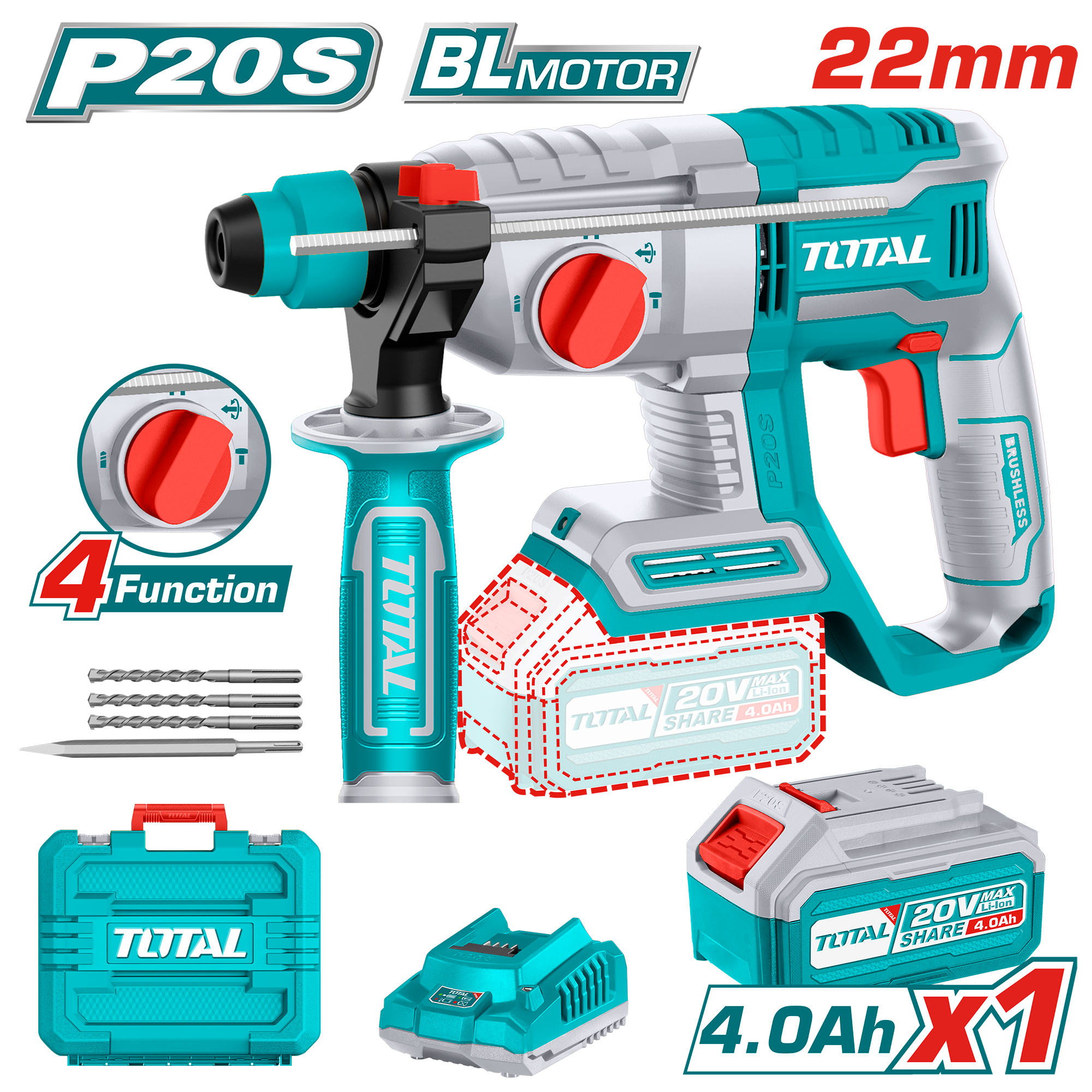 CORDLESS ROTARY HAMMER 22 ML WITH 1 BATTERY 20 VOLT 4 AMP AND CHARGER