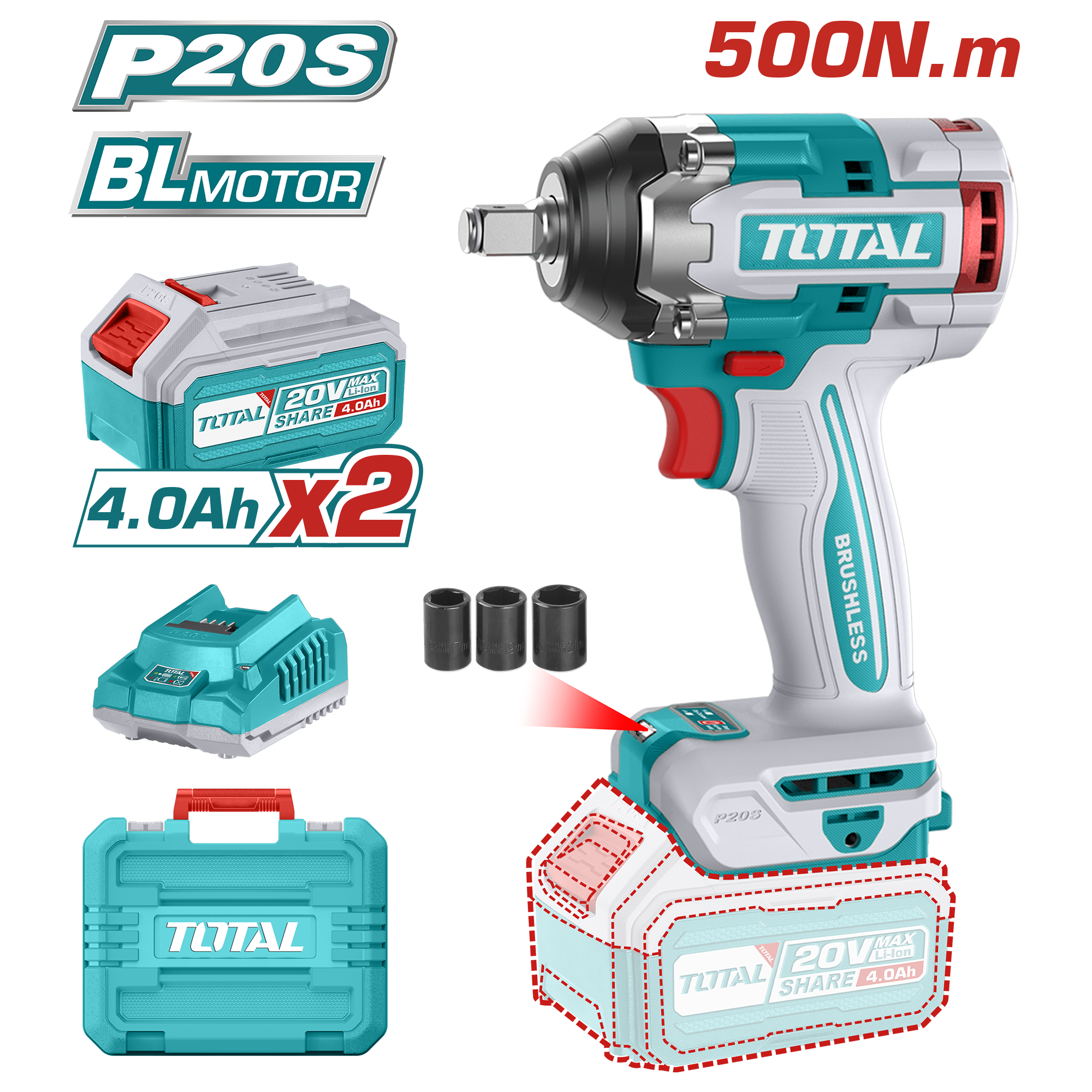 LITHIUM ION BRUSHLESS IMPACT WRENCH 1/2 INCH 500 NM WITH 2 BATTERIES 4 AMP AND CHARGER