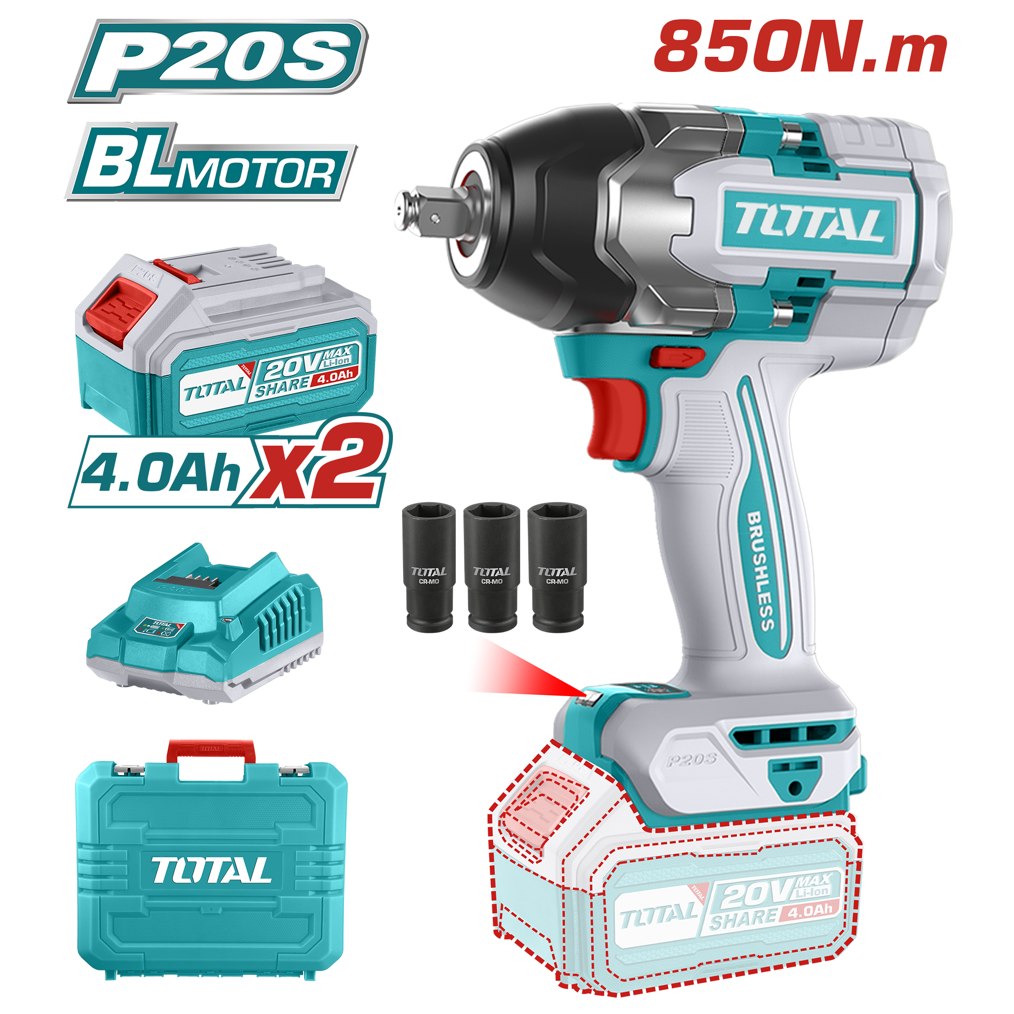 LITHIUM ION BRUSHLESS IMPACT WRENCH 1/2 INCH 850 NM WITH 2 BATTERIES 4 AMP AND CHARGER