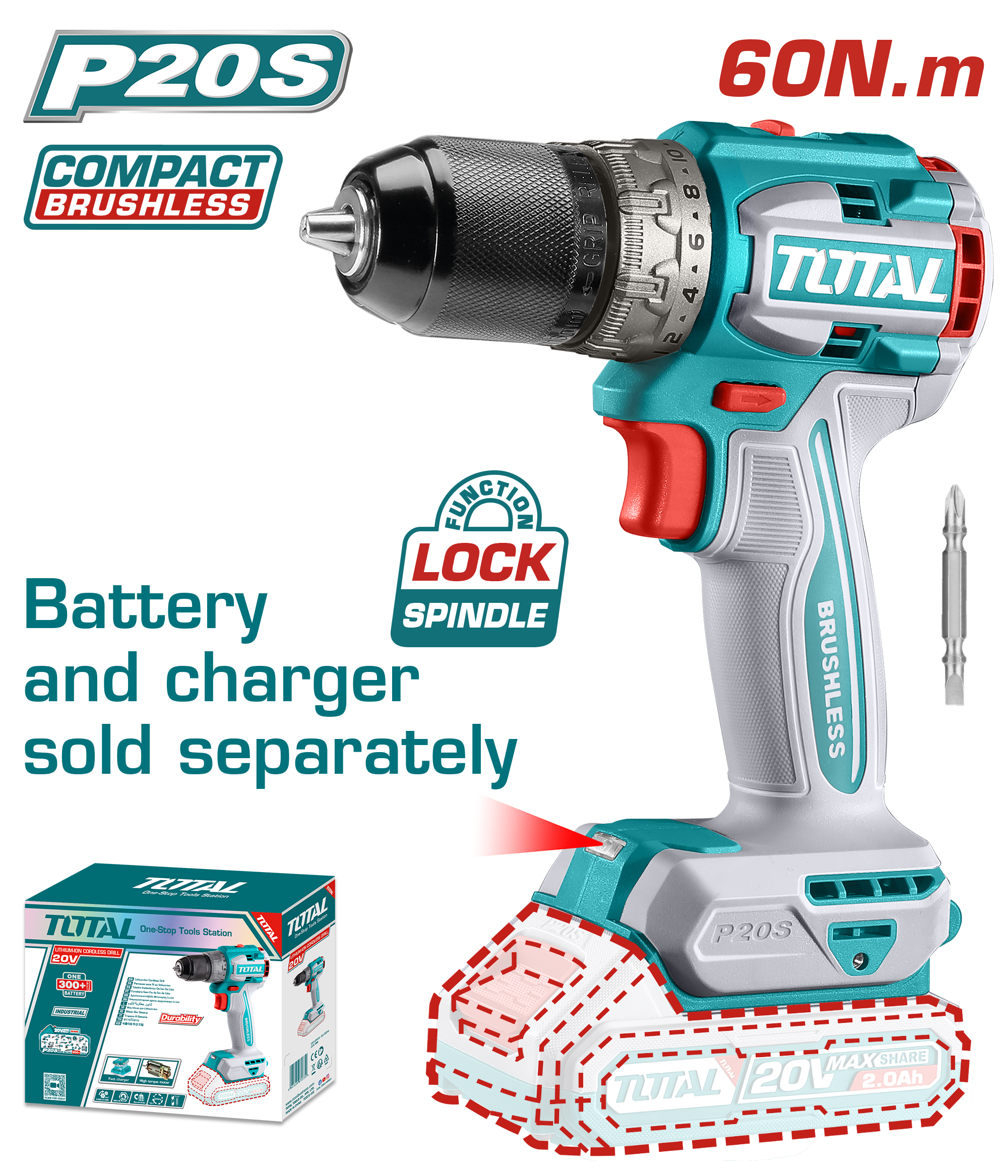 BRUSHLESS CORDLESS DRILL 60 NM WITHOUT BATTERY AND CHARGER