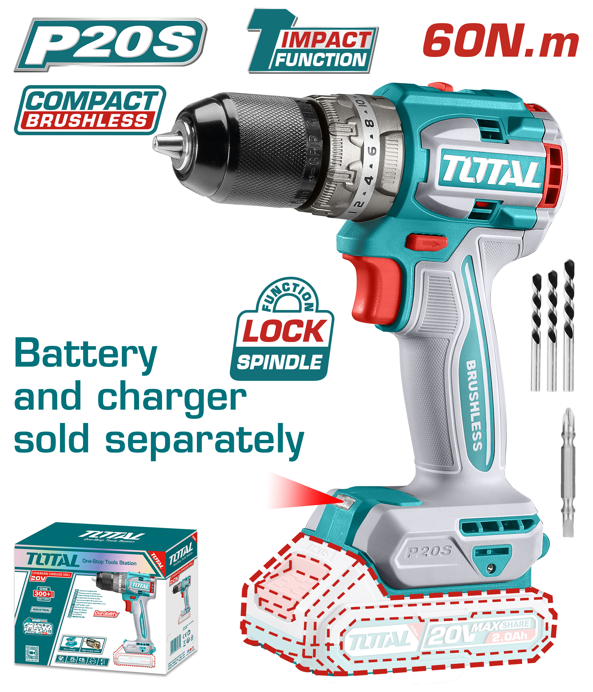 BRUSHLESS CORDLESS IMPACT DRILL 60 NM WITHOUT BATTERY AND CHARGER